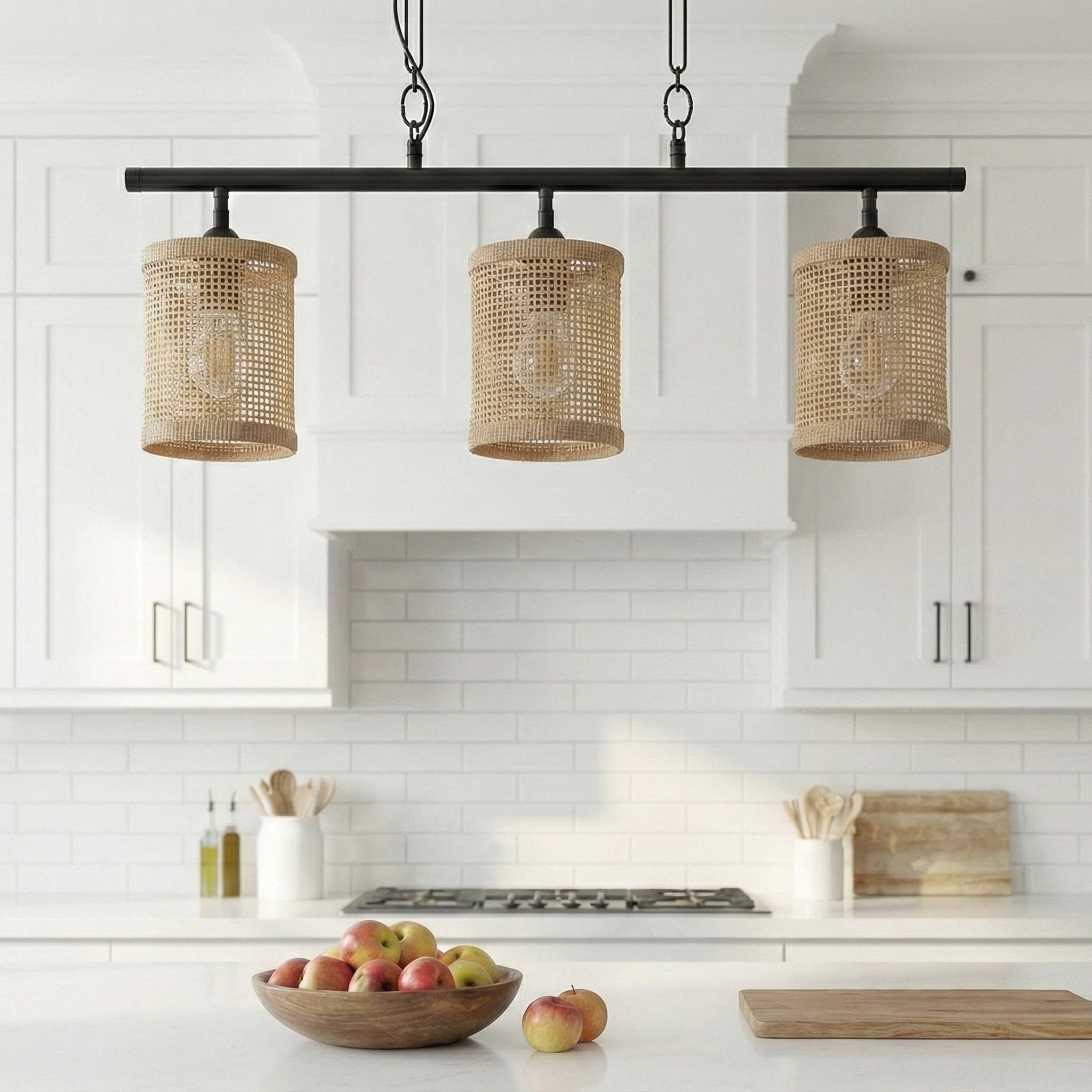 Elysian 3-Light Island Pendant with Natural Rattan Shade and Farmhouse Chain | MidinMod