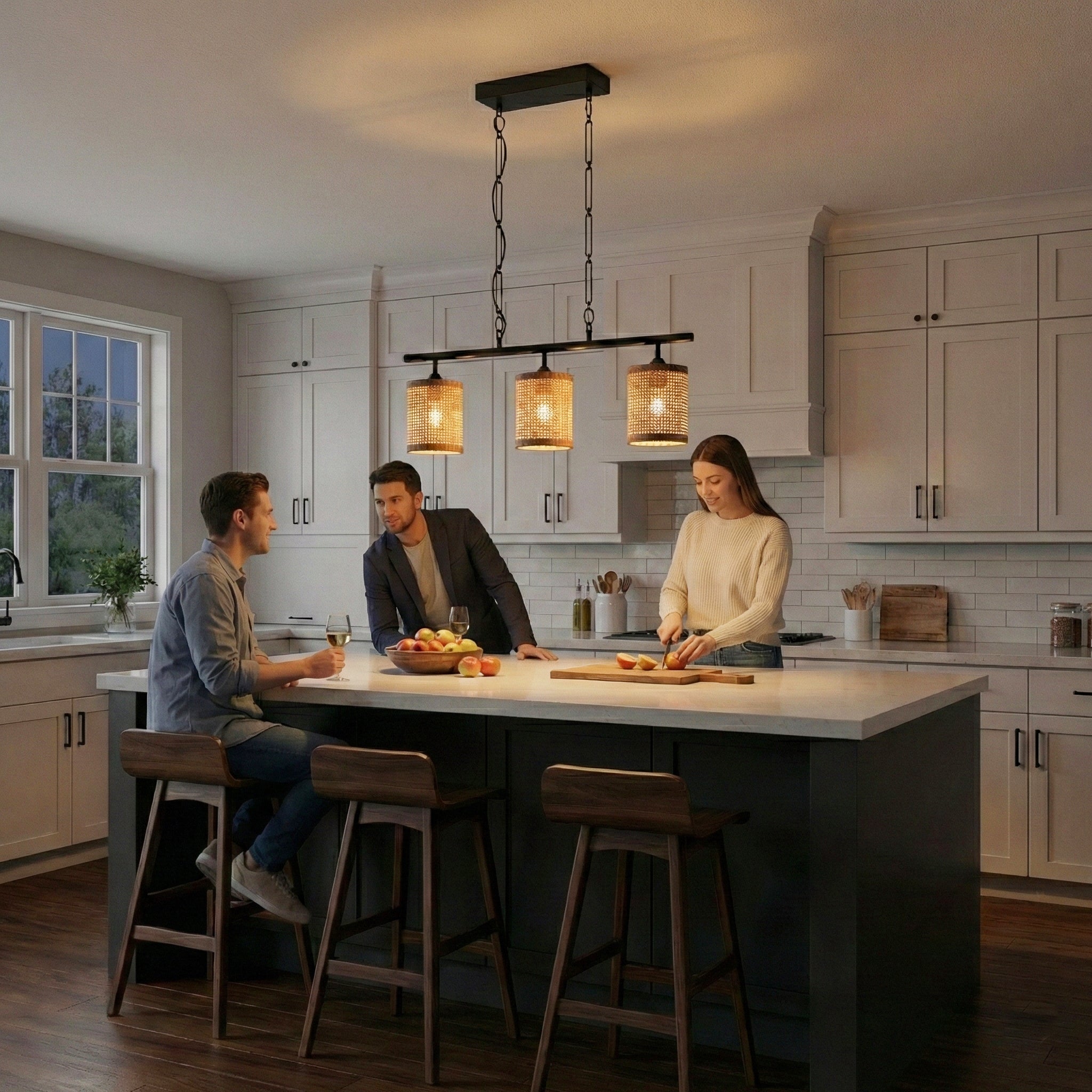 Elysian 3-Light Island Pendant with Natural Rattan Shade and Farmhouse Chain | MidinMod