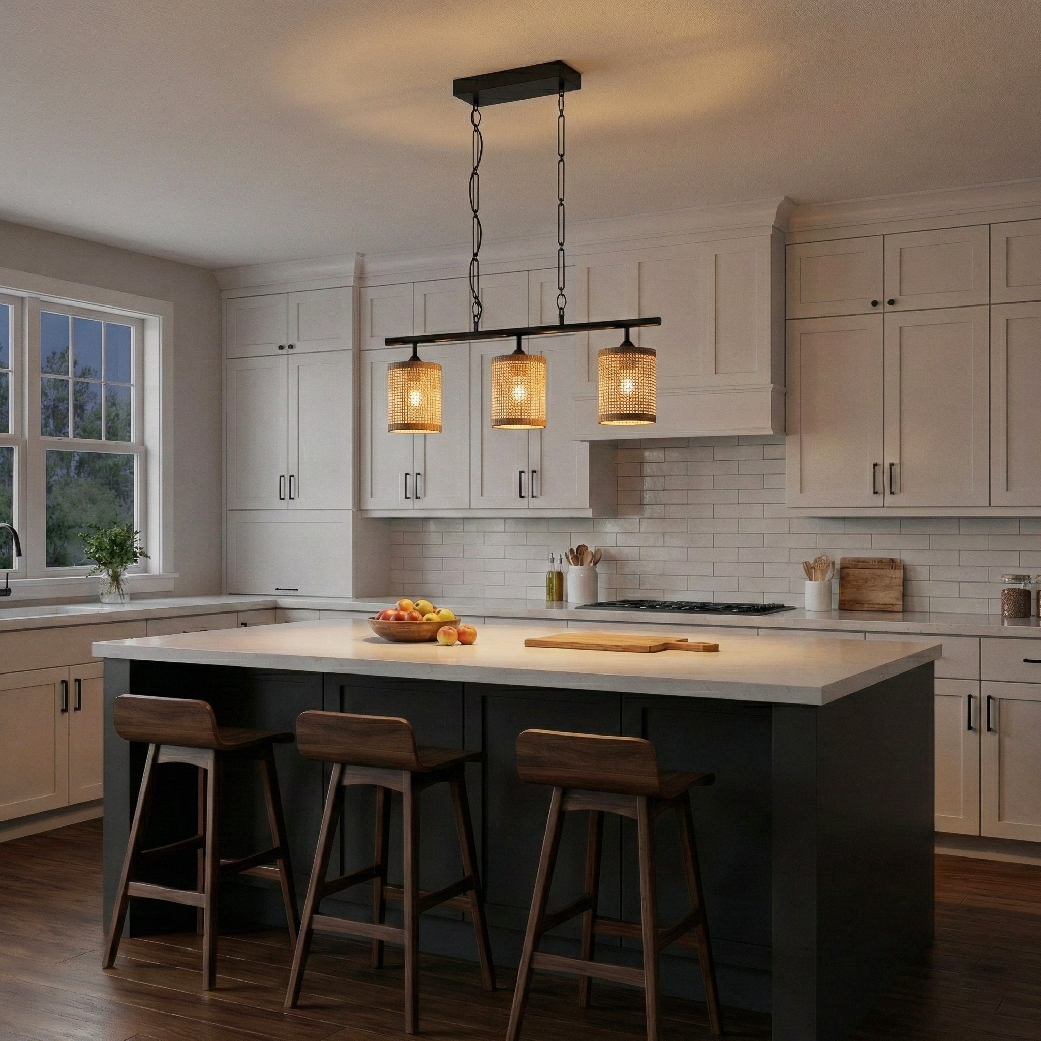 Elysian 3-Light Island Pendant with Natural Rattan Shade and Farmhouse Chain | MidinMod