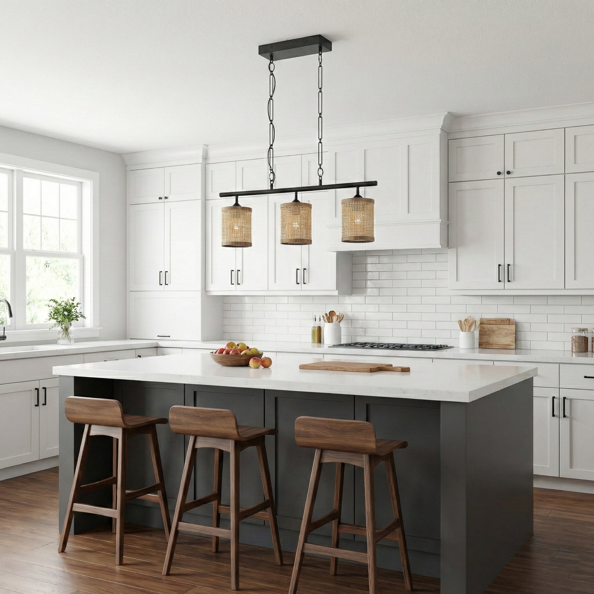 Elysian 3-Light Island Pendant with Natural Rattan Shade and Farmhouse Chain | MidinMod