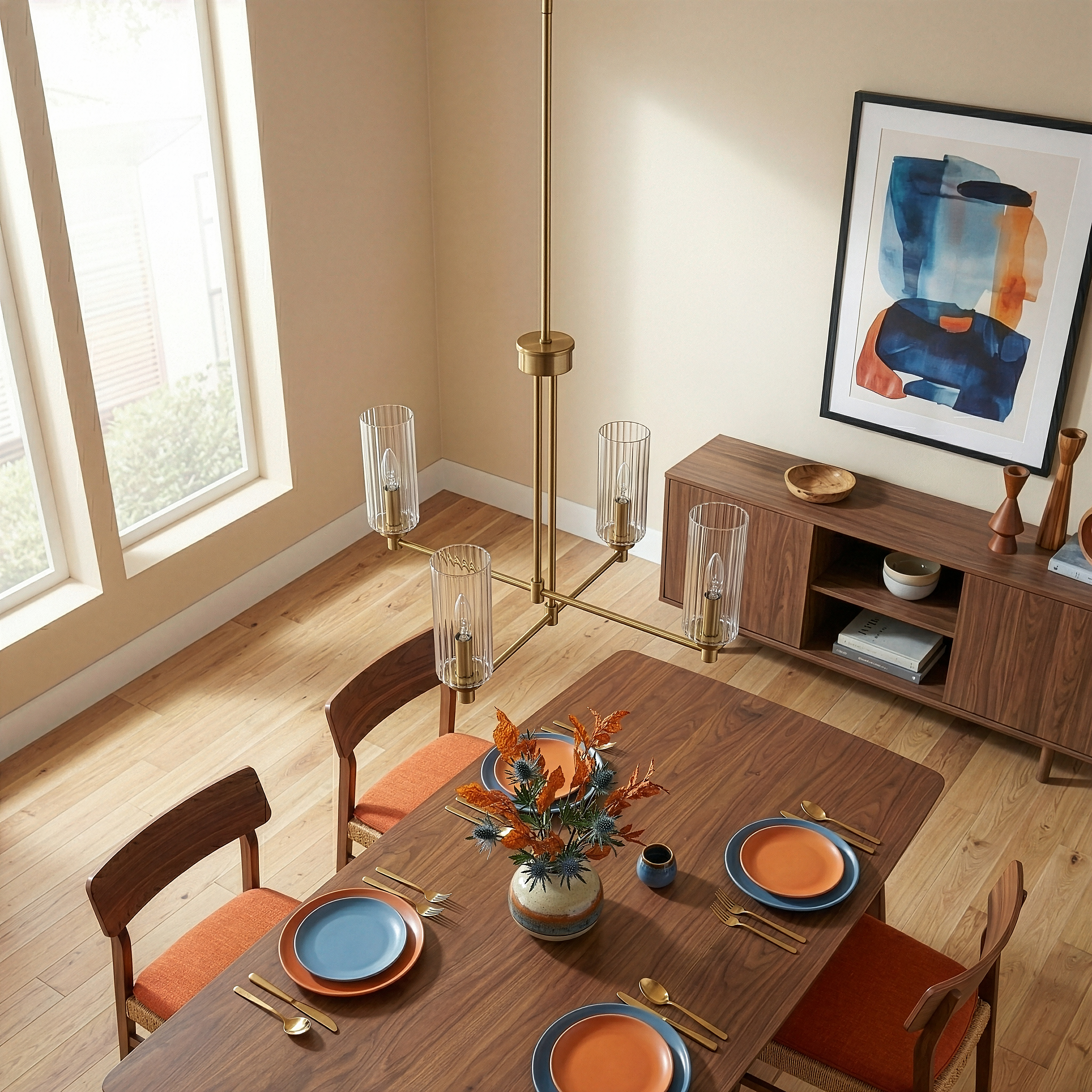 Enigma 4-Light Satin Brass Chandelier with Clear Ribbed Glass | MidinMod