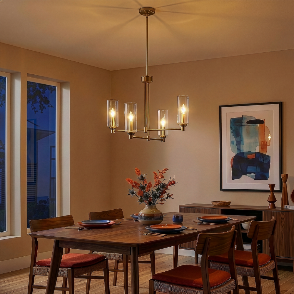 Enigma Four Lights Chandelier With Clear Ribbed Glass -Satin Brass