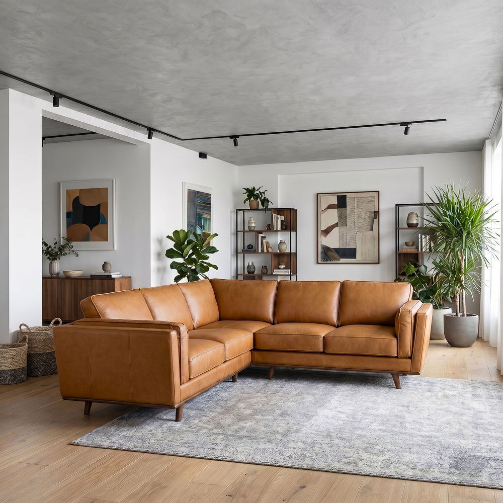 Ernest Mid-Century Modern Genuine Tan Leather Corner Sectional Sofa | MidinMod
