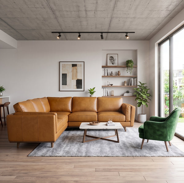 Ernest Mid-Century Modern Genuine Tan Leather Corner Sectional Sofa | MidinMod