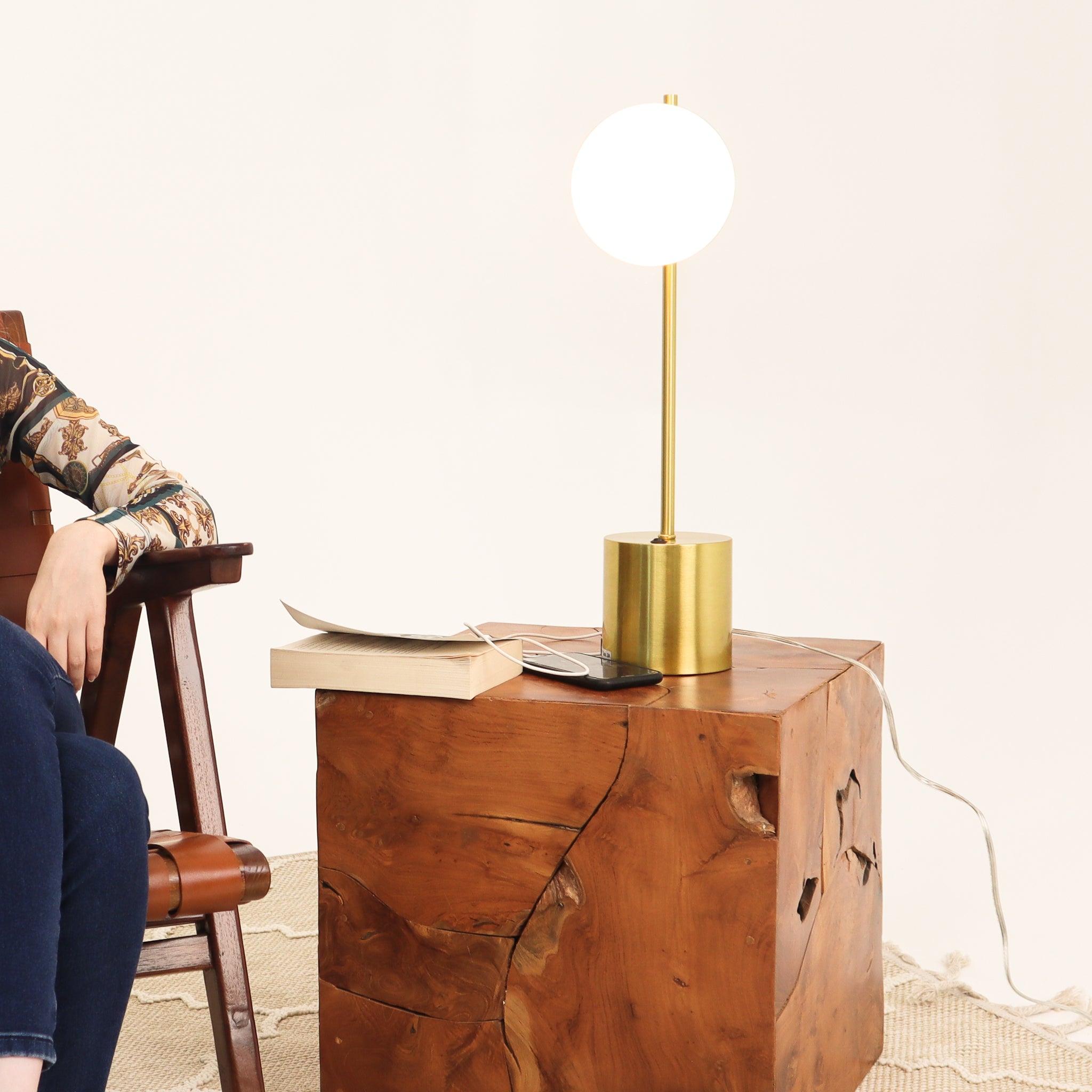 Ethereal Modern Small Brass Metal Table Lamp, Desk Lamp Fixture with White Glass Globe Shade