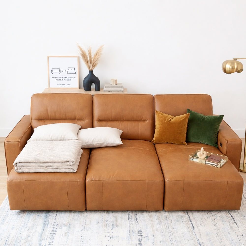 Eureka PWR Slider Sofa Bed | Genuine Top-Grain Cognac Leather & Electric Power Mechanism | MidinMod