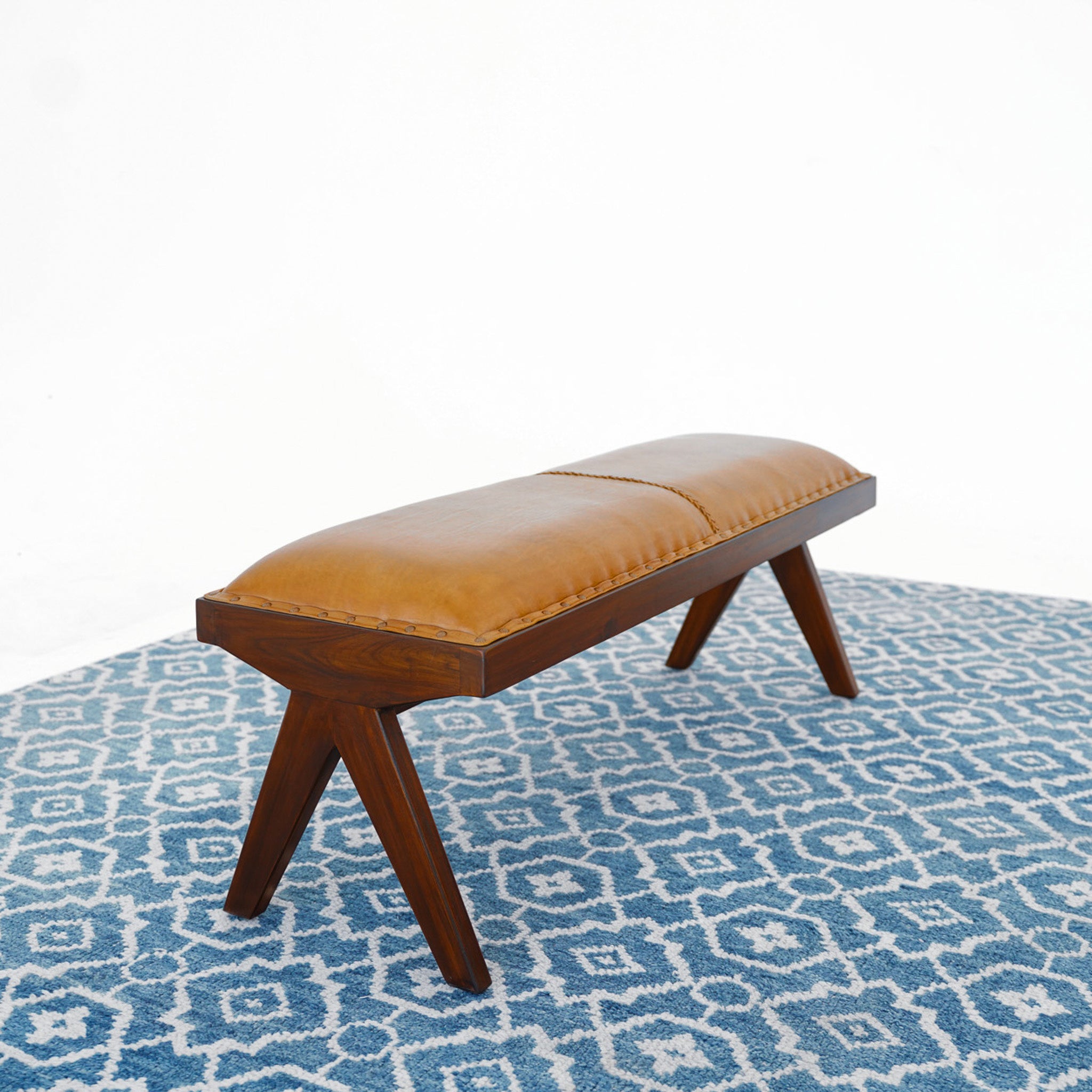 Finley Mid-Century Modern Mindi Wood & Genuine Leather Bench | Hand-Crafted Seating | MidinMod