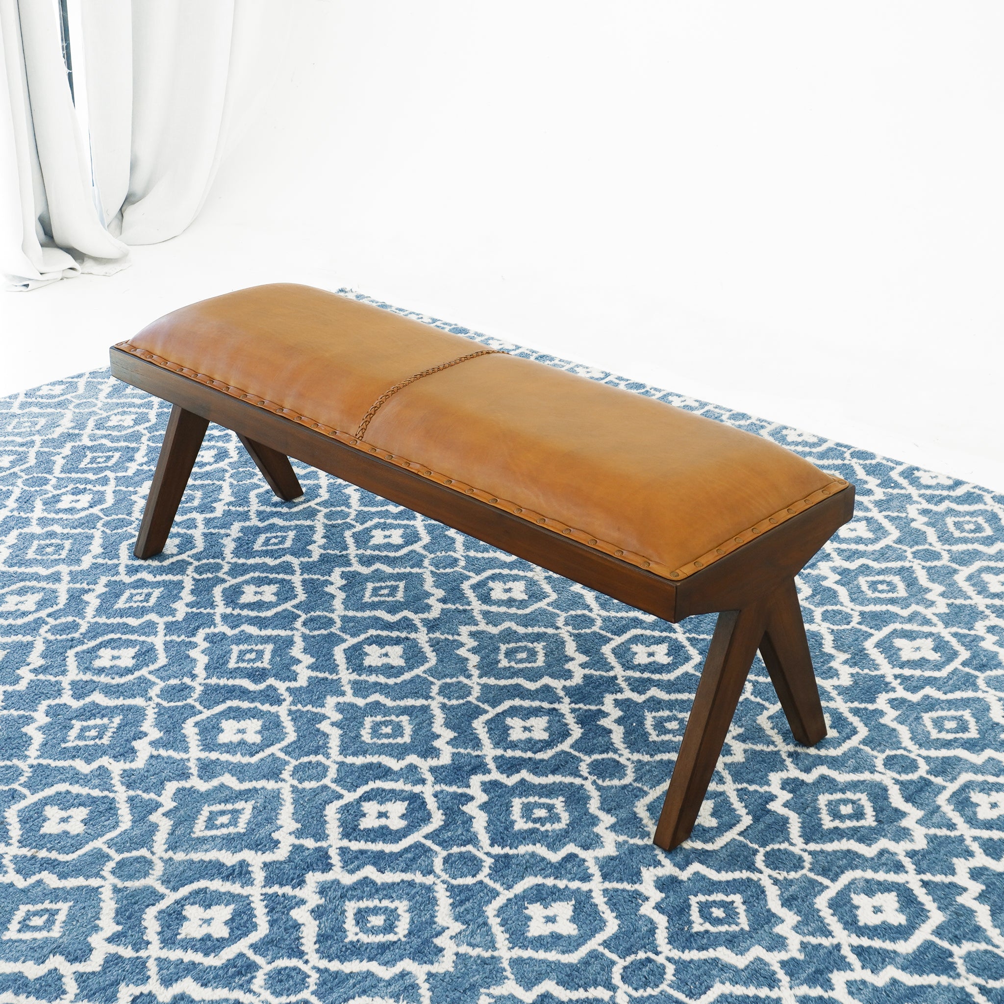 Finley Mid-Century Modern Mindi Wood & Genuine Leather Bench | Hand-Crafted Seating | MidinMod