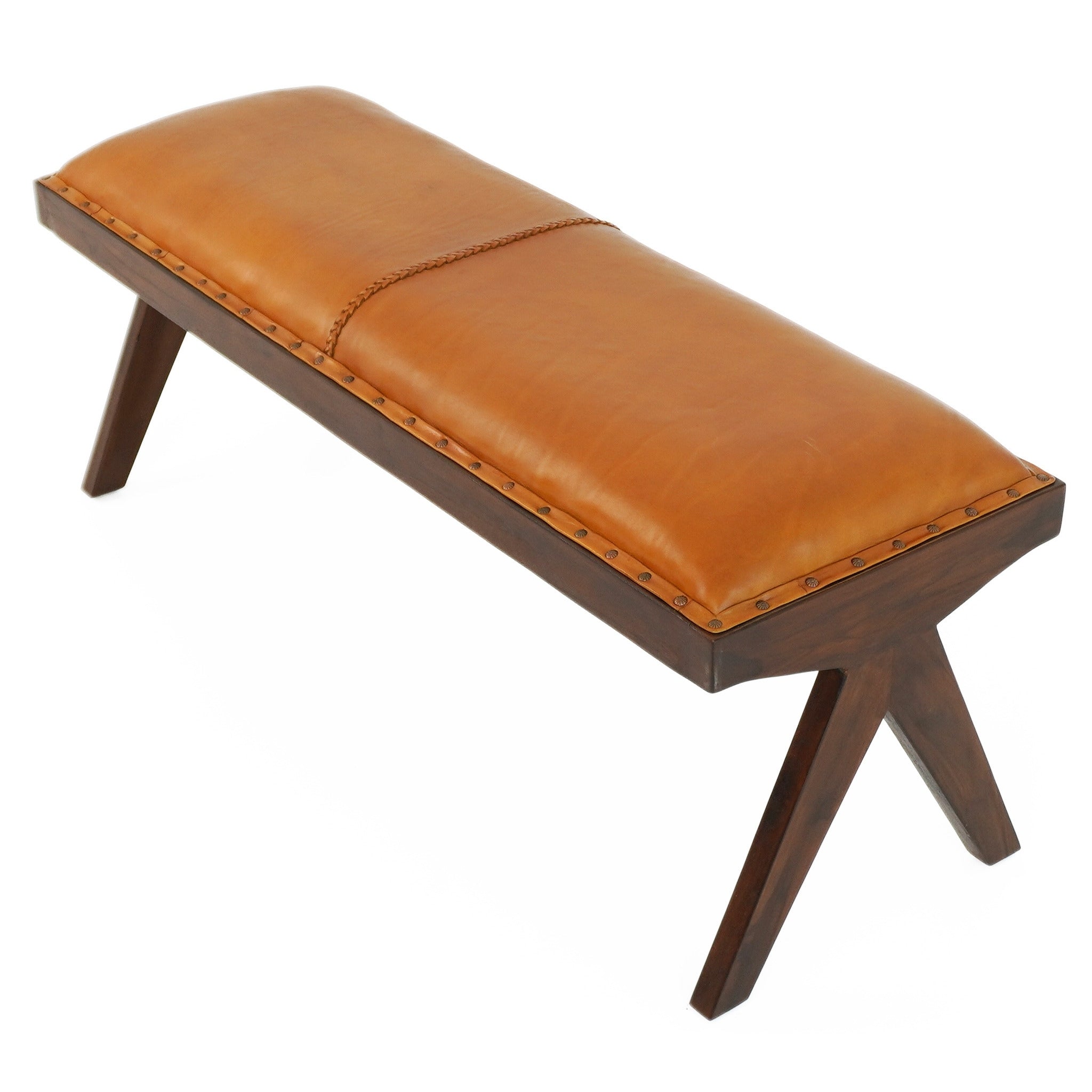 Finley Mid-Century Modern Mindi Wood & Genuine Leather Bench | Hand-Crafted Seating | MidinMod