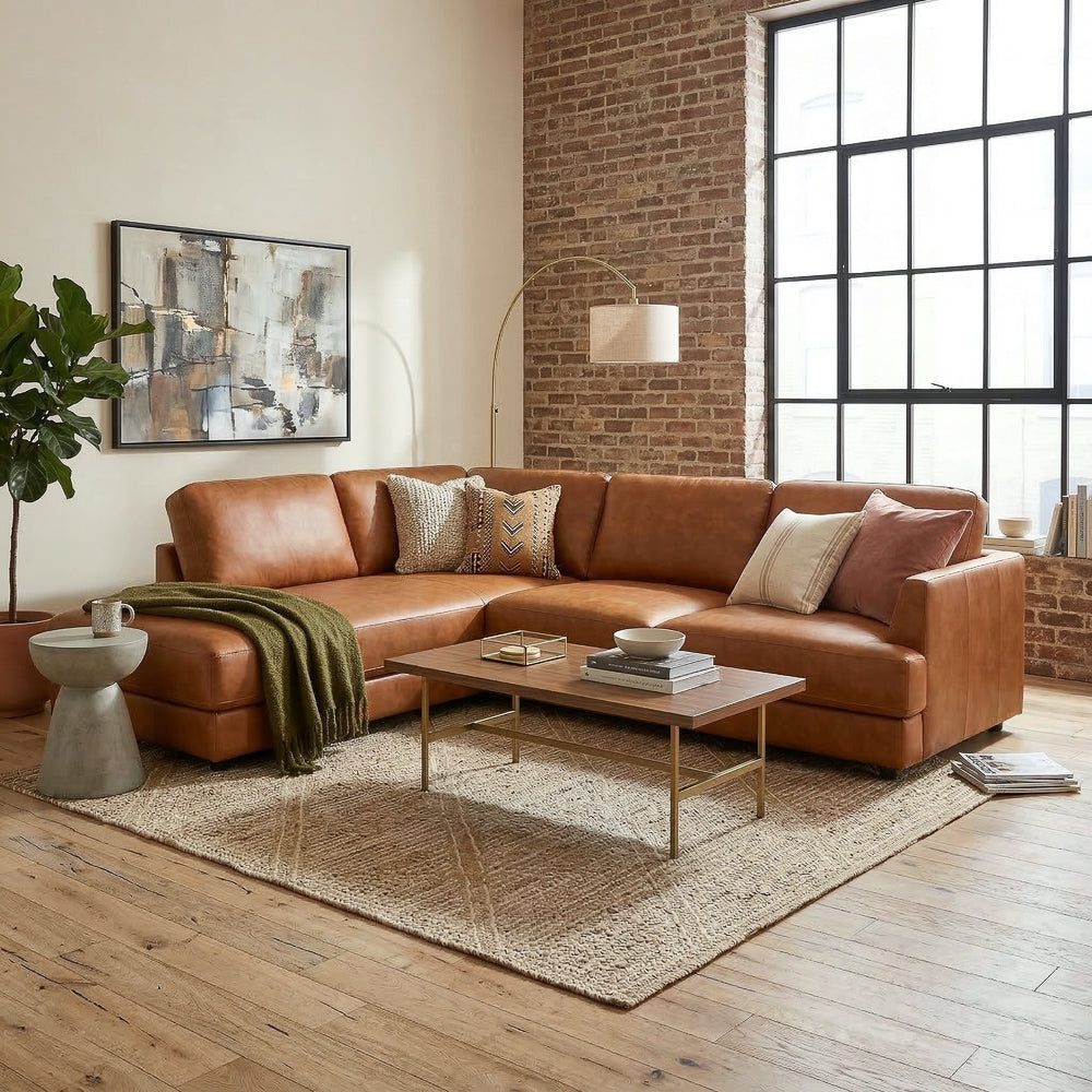 Glendale Modern Tan Top-Grain Leather Sectional Sofa | MidinMod