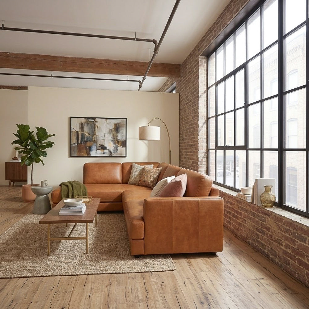 Glendale Modern Tan Top-Grain Leather Sectional Sofa | MidinMod
