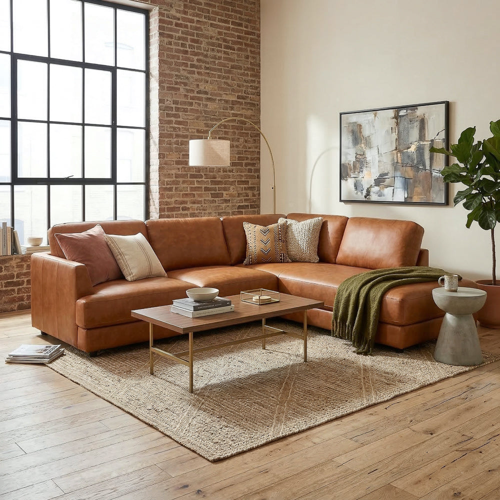 Glendale Modern Tan Top-Grain Leather Sectional Sofa | MidinMod
