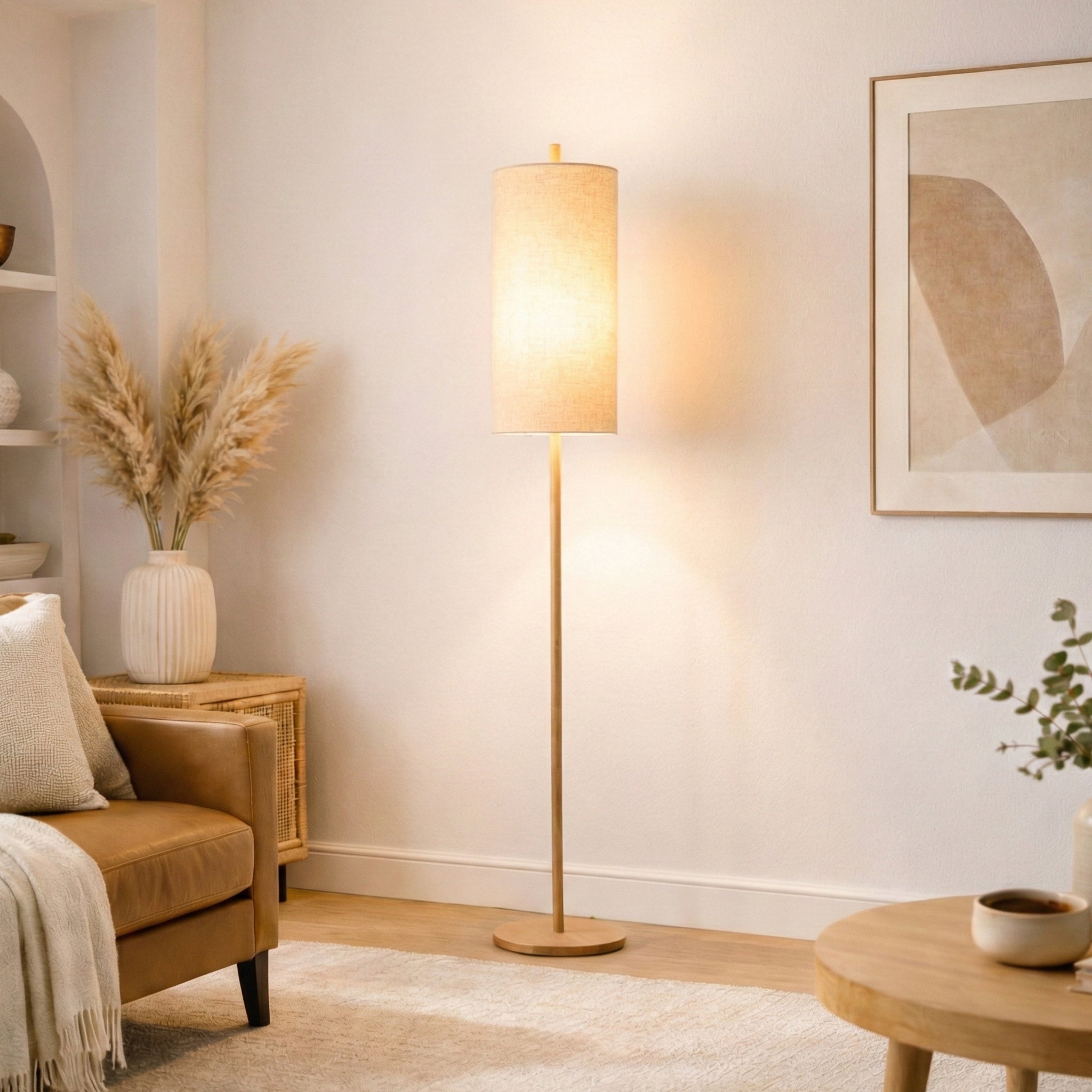 Glimmer Oak and Natural Floor Lamp with Woven Paper Rattan Shade | MidinMod