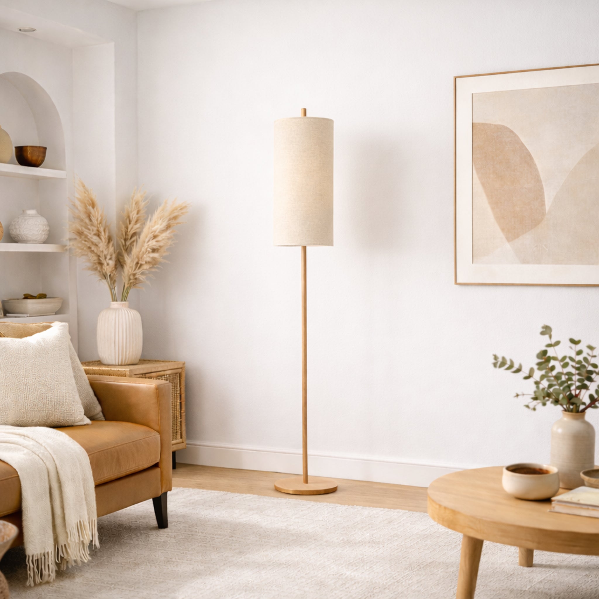 Glimmer Oak and Natural Floor Lamp with Woven Paper Rattan Shade | MidinMod