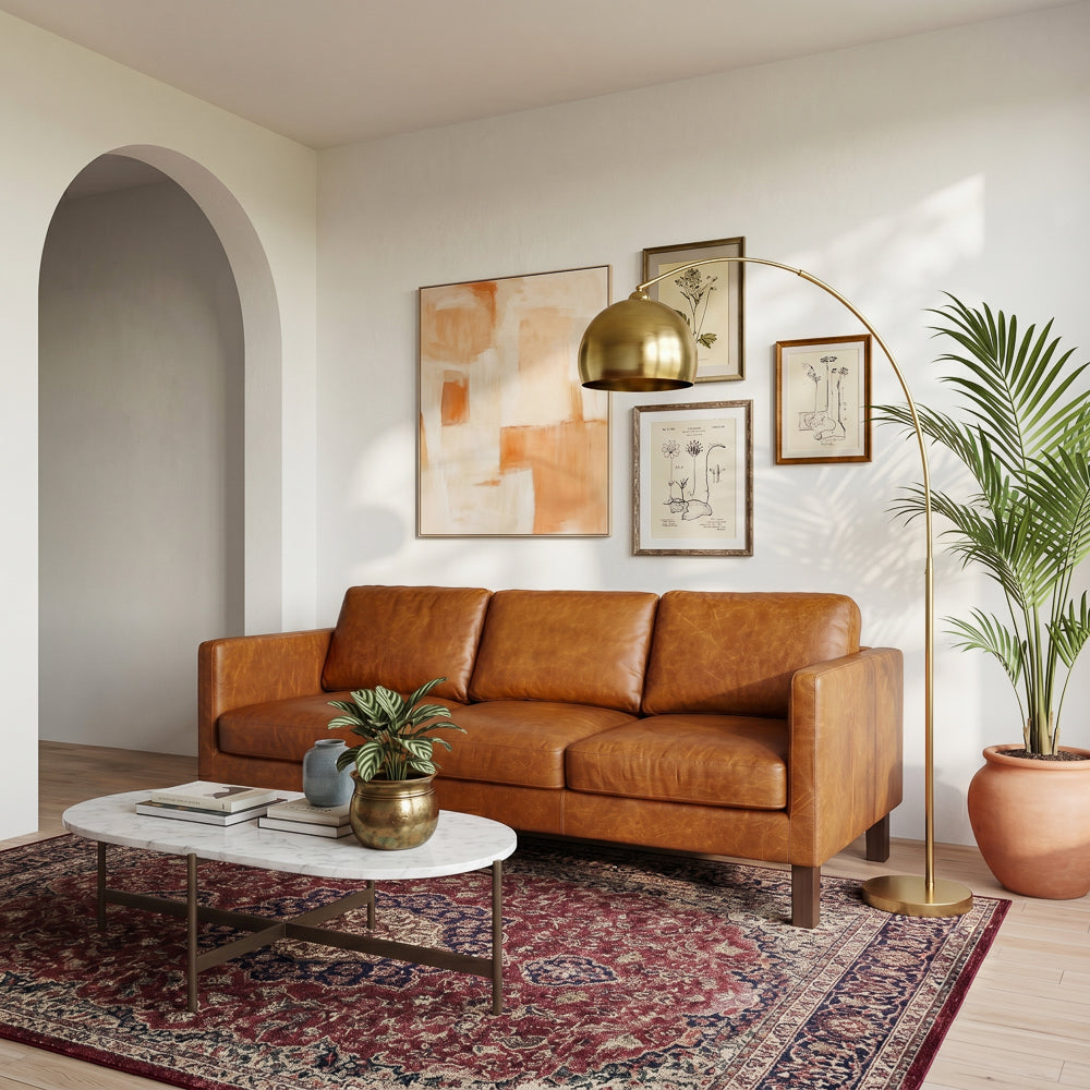 Granada Leather Sofa | Waxy Cognac Genuine Leather & Dark Walnut Base | MidinMod