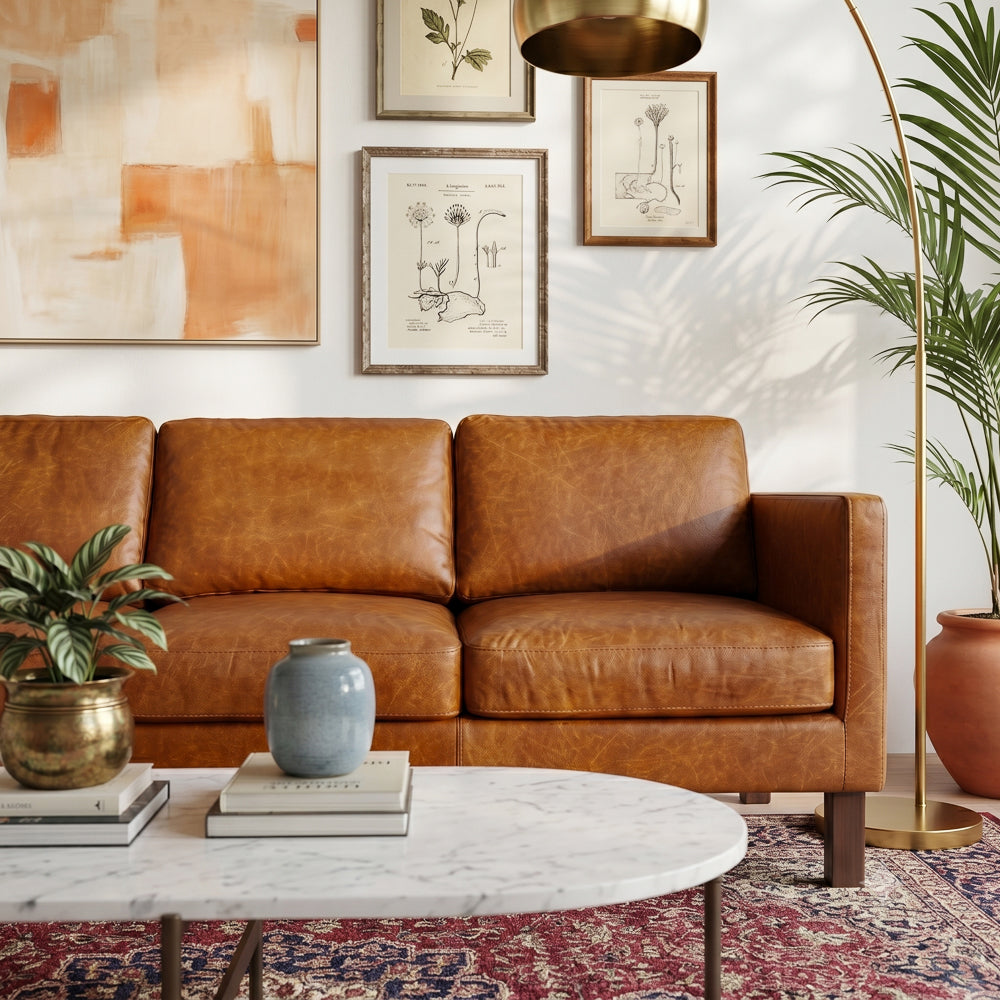 Granada Leather Sofa | Waxy Cognac Genuine Leather & Dark Walnut Base | MidinMod