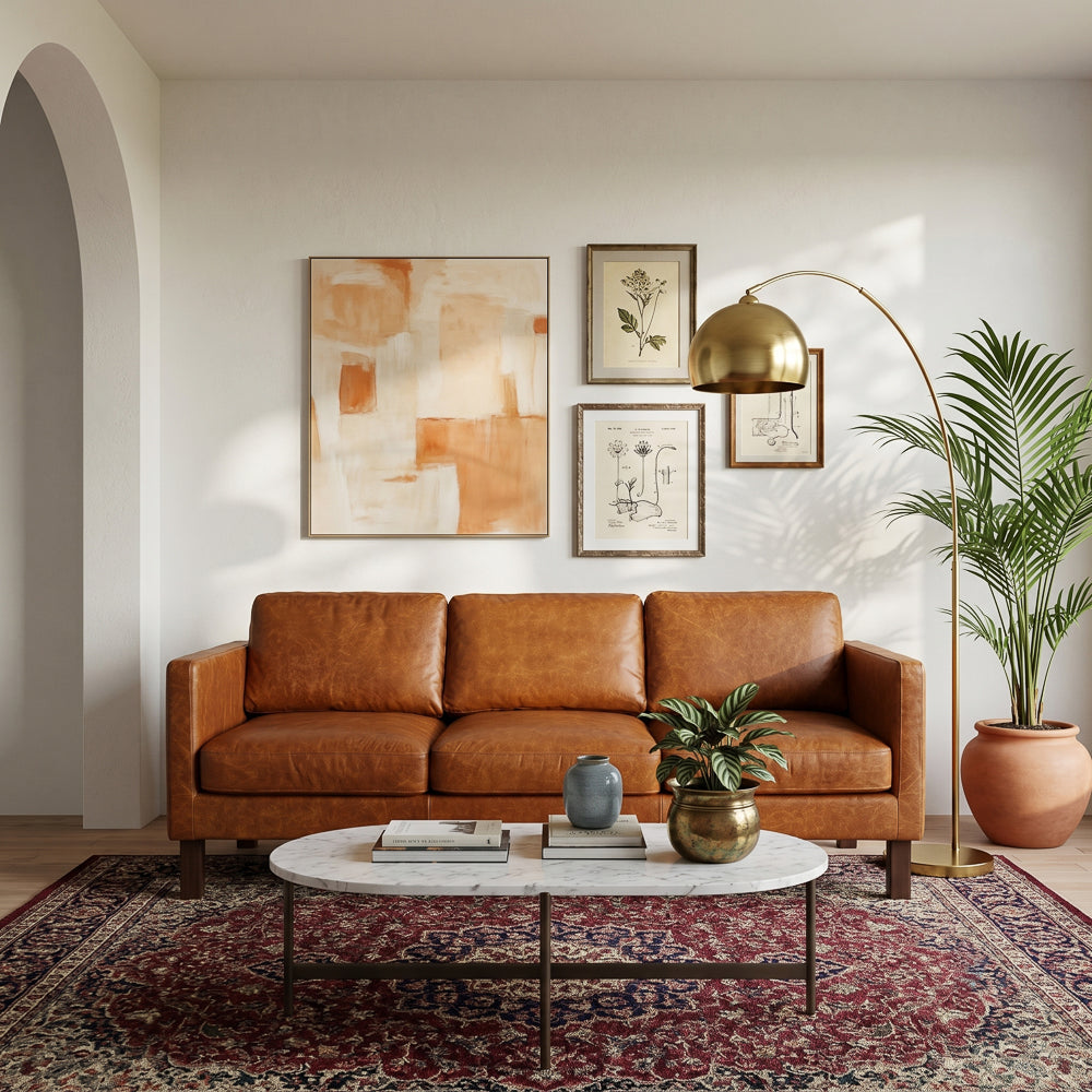 Granada Leather Sofa | Waxy Cognac Genuine Leather & Dark Walnut Base | MidinMod
