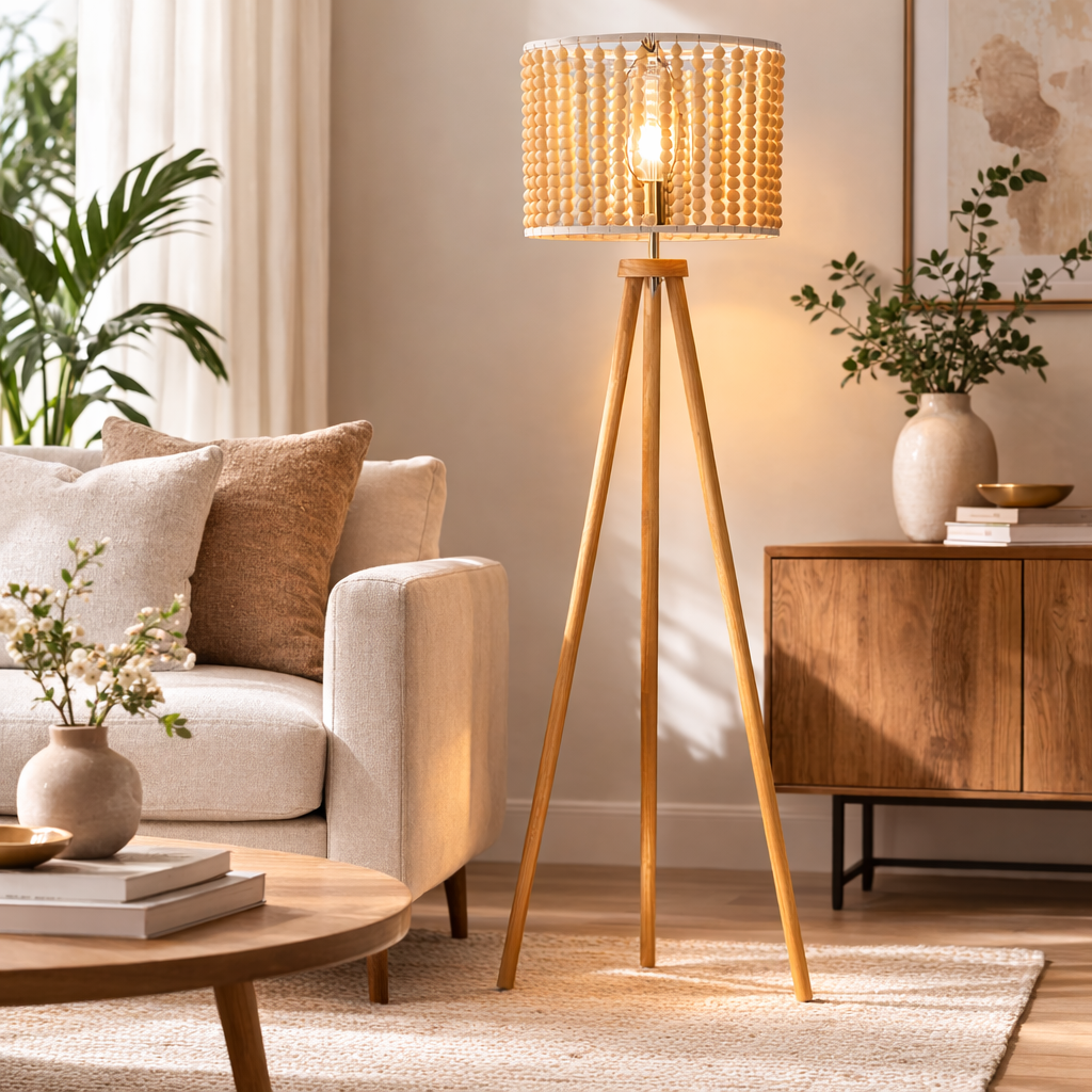 Halo Beaded Three-Legged Natural Wood Floor Lamp with Tripod Base | MidinMod
