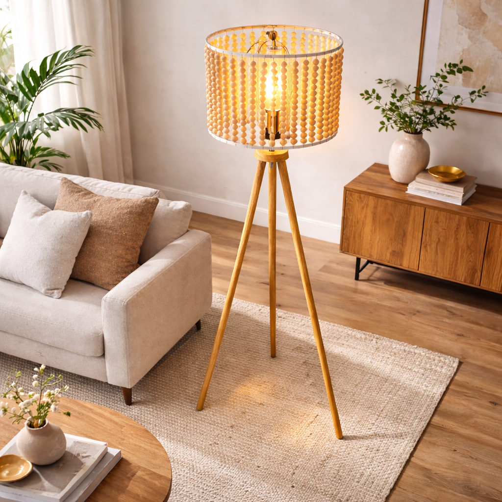 Halo Beaded Three-Legged Natural Wood Floor Lamp with Tripod Base | MidinMod
