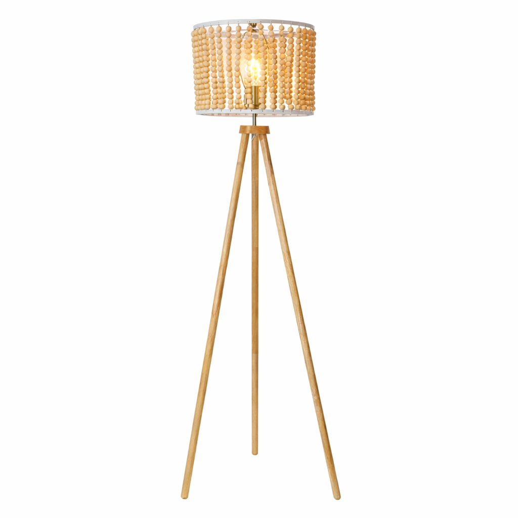 Halo Beaded Three-Legged Natural Wood Floor Lamp with Tripod Base | MidinMod