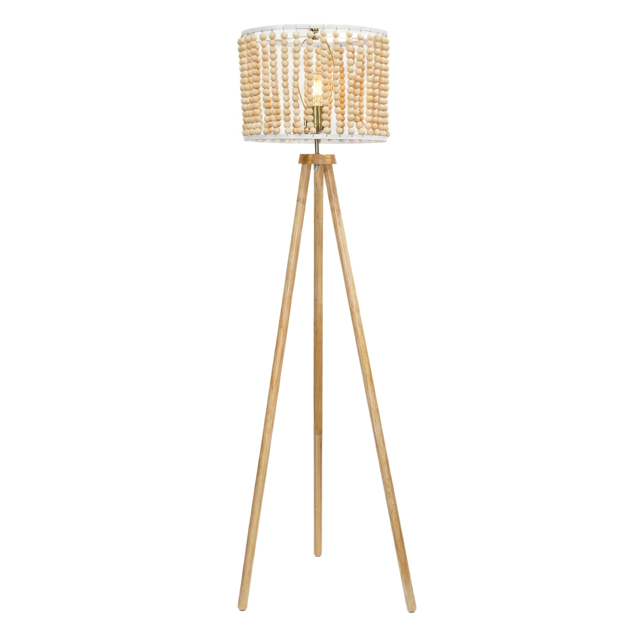Halo Beaded Three-Legged Natural Wood Floor Lamp with Tripod Base | MidinMod