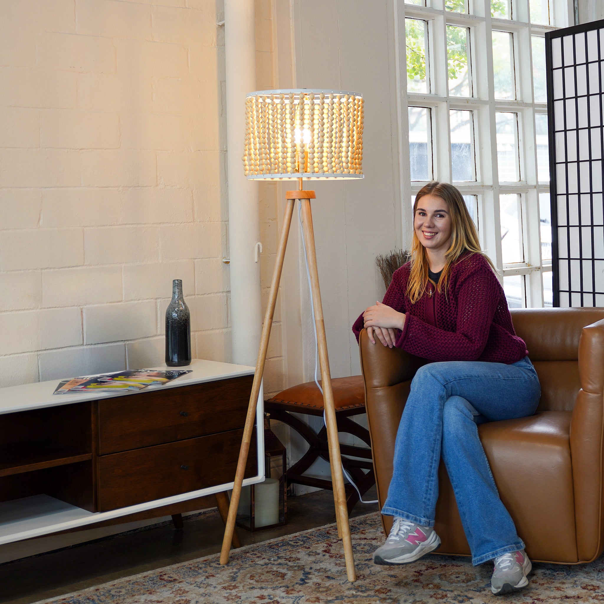 Halo Beaded Three Legged Floor Lamp - Natural