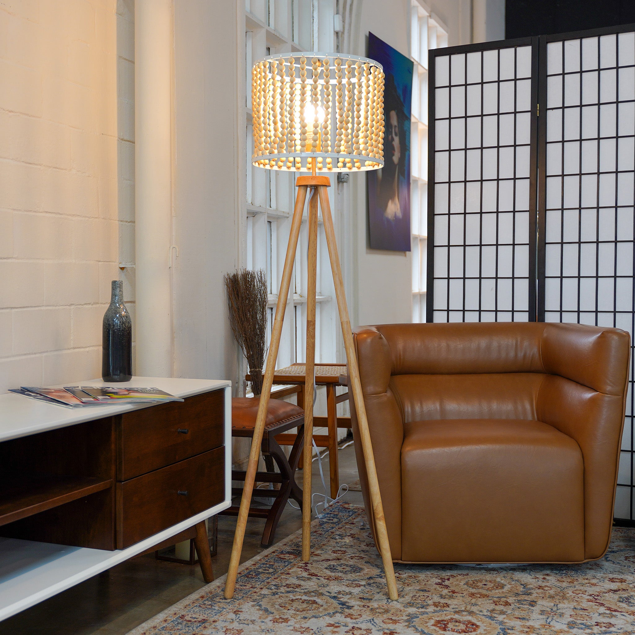 Halo Beaded Three Legged Floor Lamp - Natural