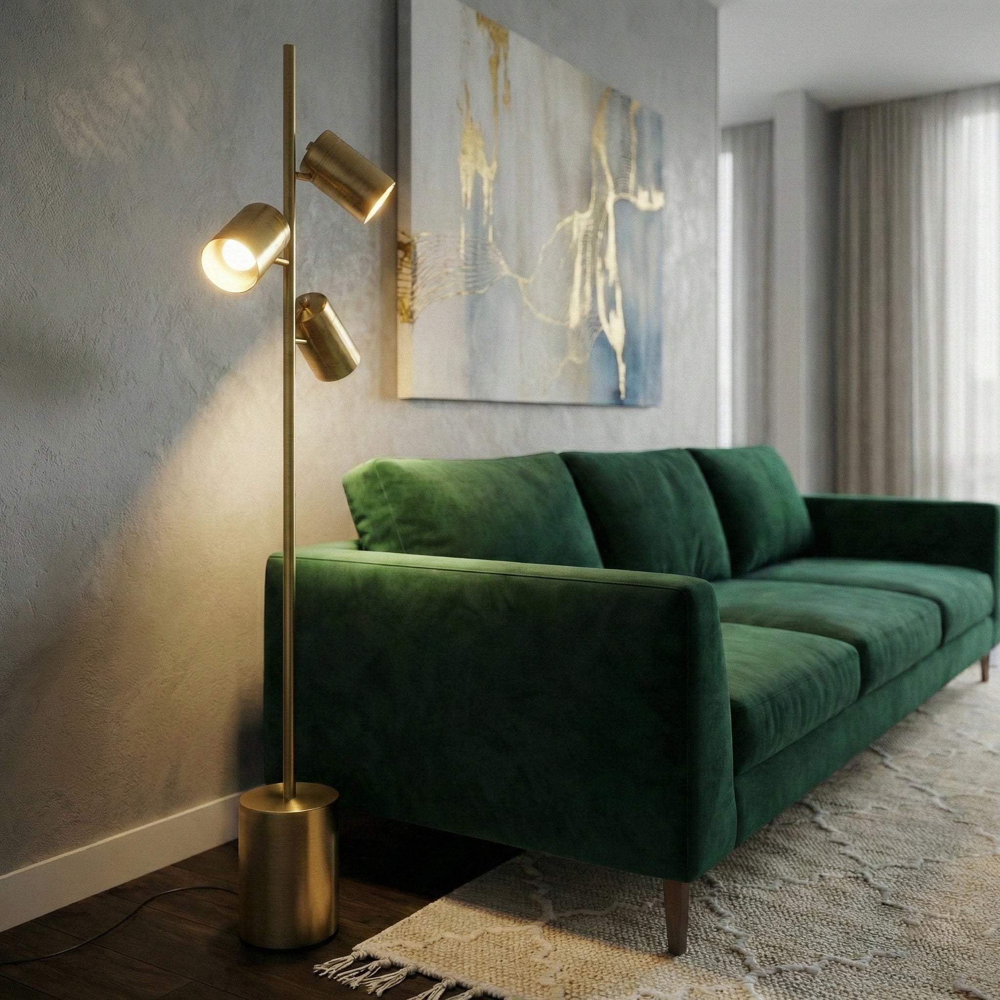Harmony Brassed Gold Floor Lamp with Triple Spots and Rotary Switch | MidinMod
