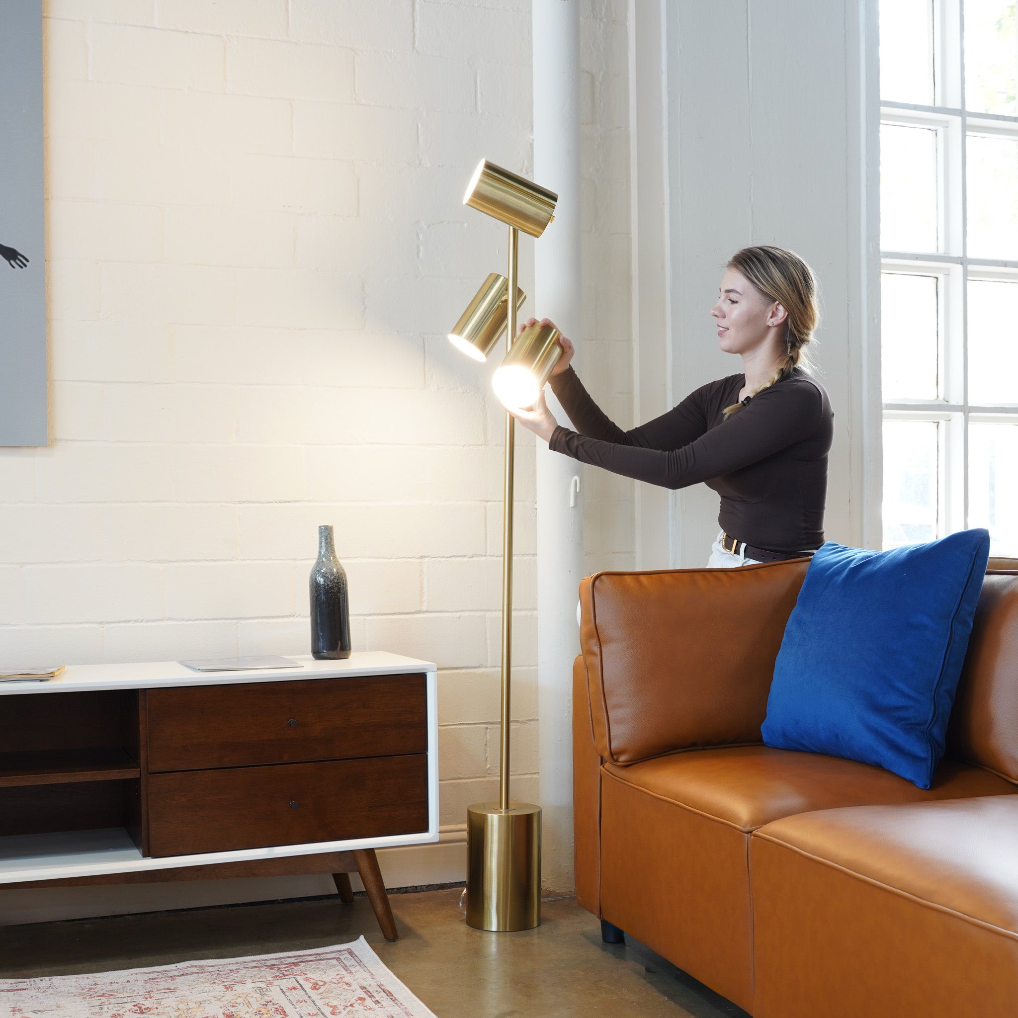 Harmony Brassed Gold Floor Lamp with Rotary Switch Triple Spots Metal Block Base