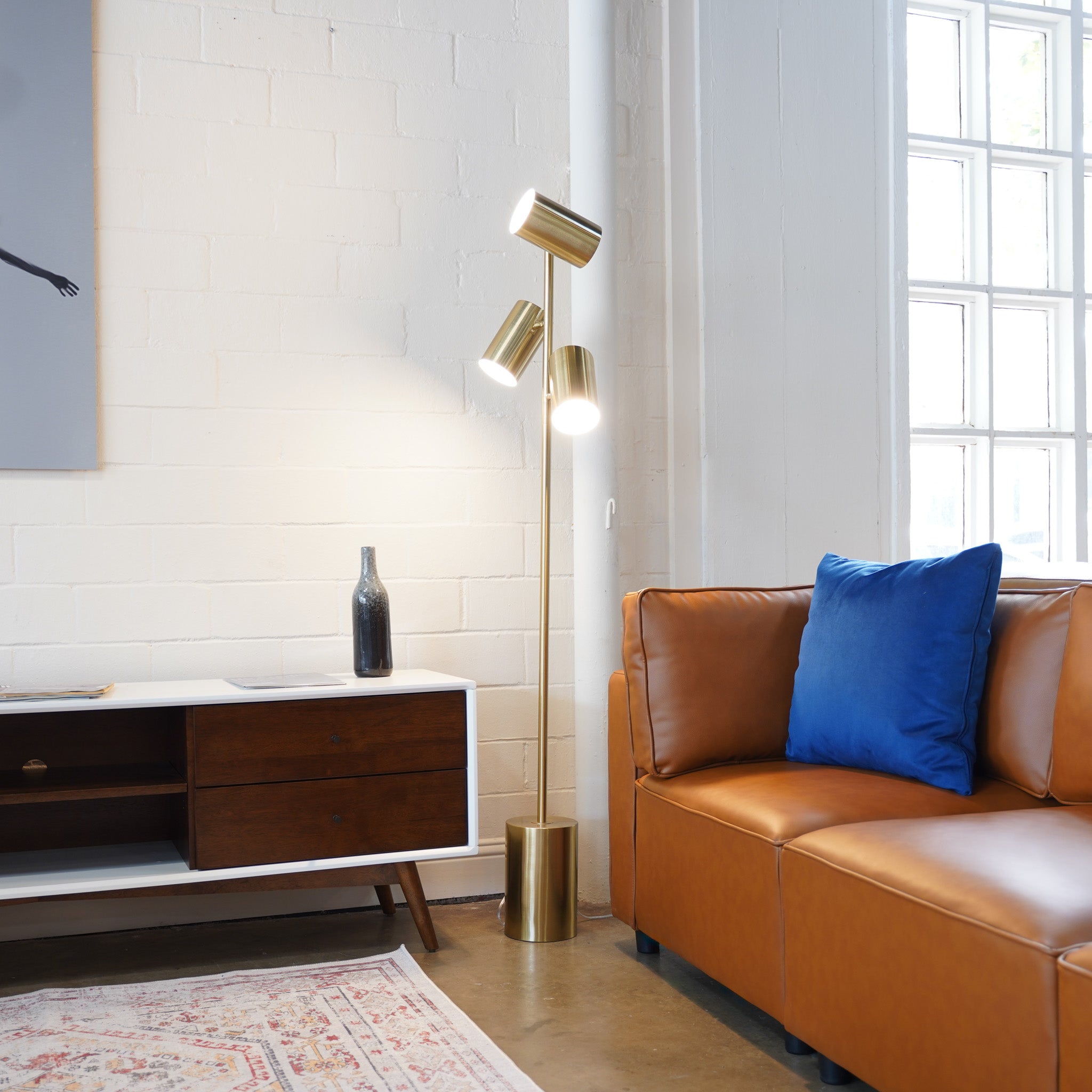 Harmony Brassed Gold Floor Lamp with Rotary Switch Triple Spots Metal Block Base