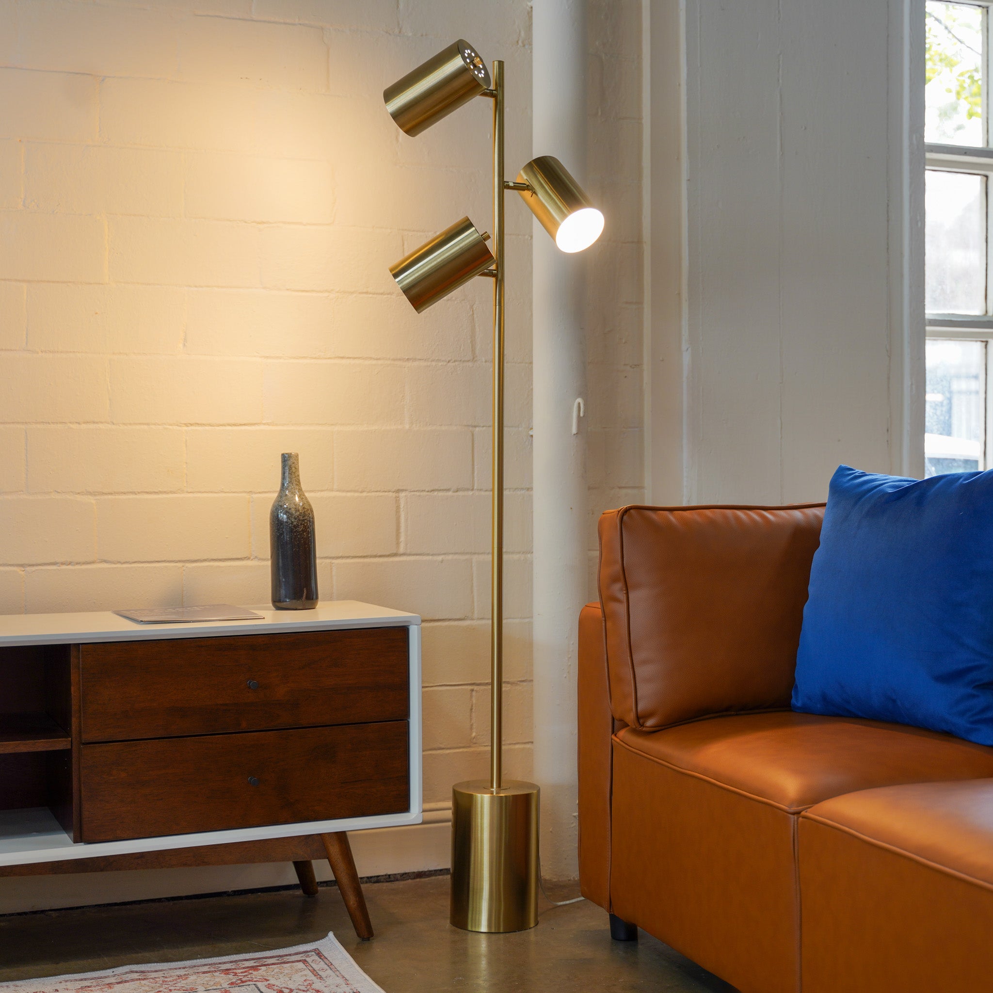 Harmony Brassed Gold Floor Lamp with Rotary Switch Triple Spots Metal Block Base