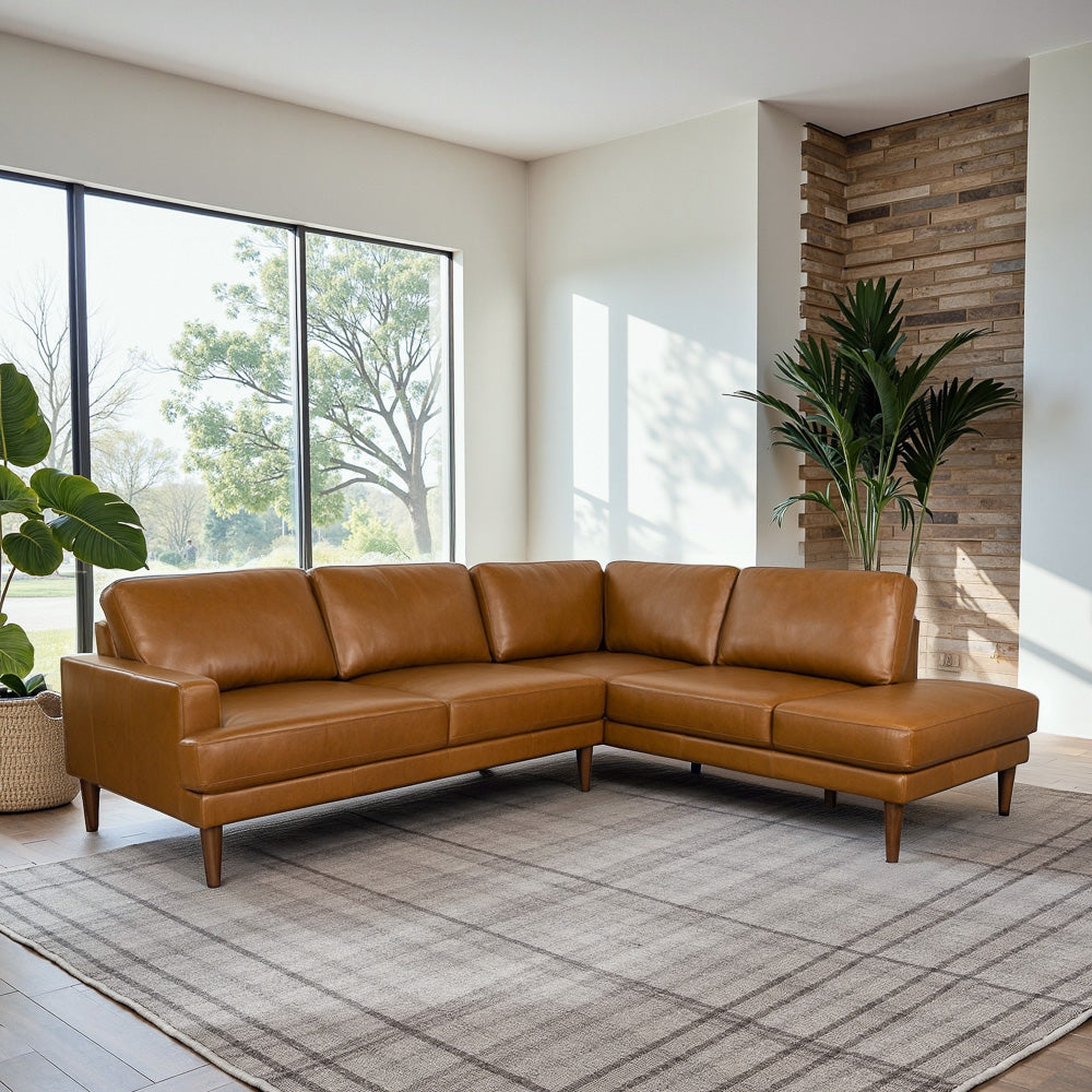 Harmony Tan Leather Sectional Sofa Right Facing Chaise - MidinMod