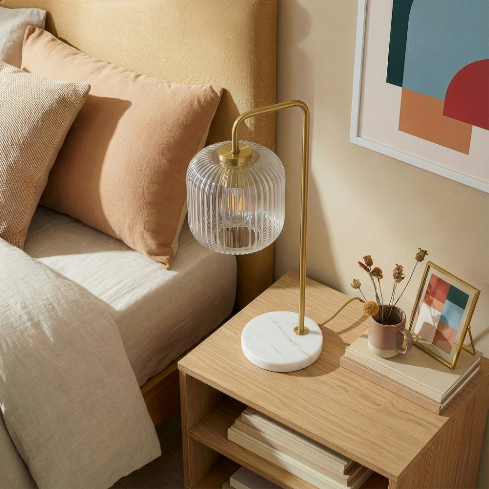 Haven Clear Glass Table Lamp | Gold Brush Metal & Marble Base | MidinMod