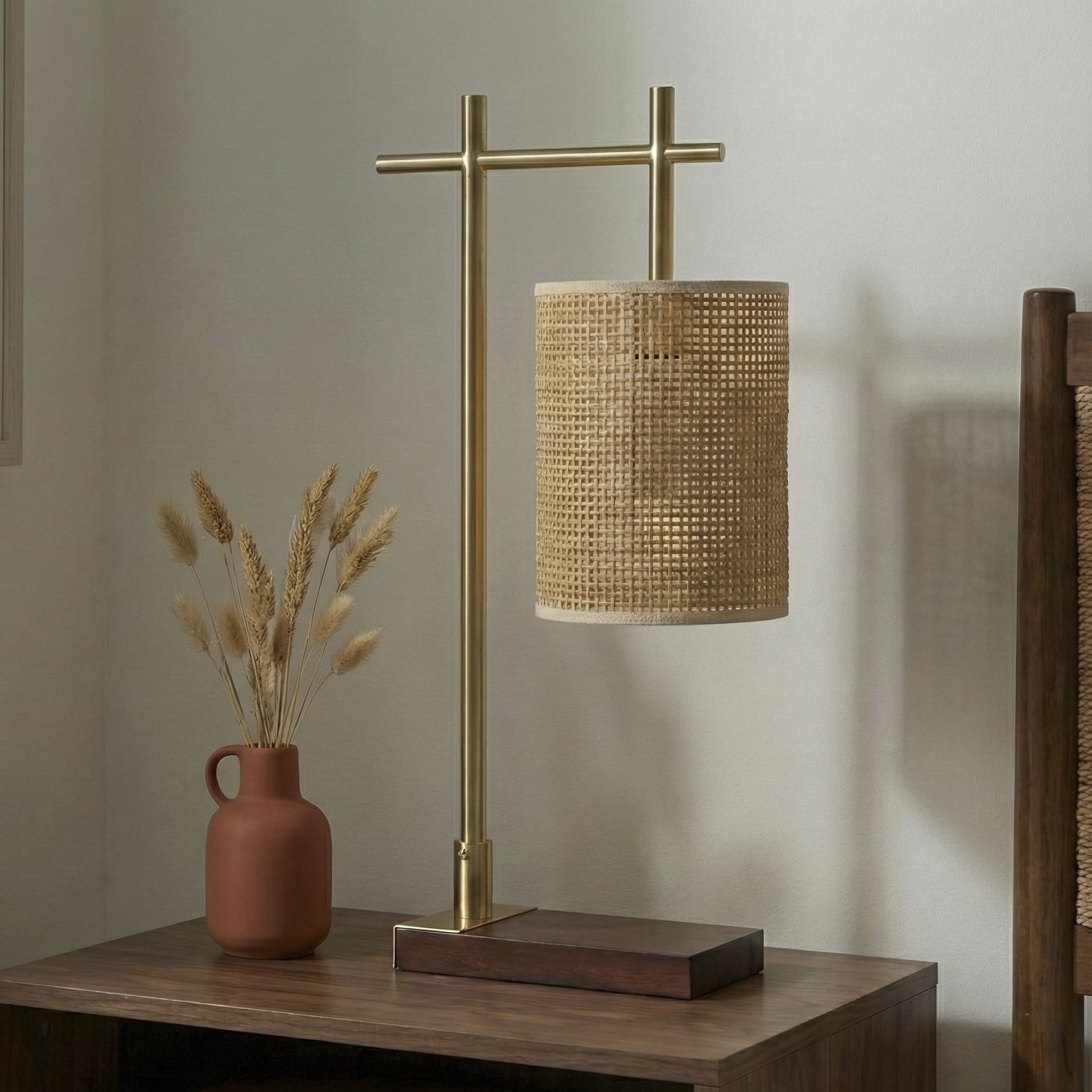 Helios Bamboo Lampshade Table Lamp - Dark Brown - Bronze | MidinMod