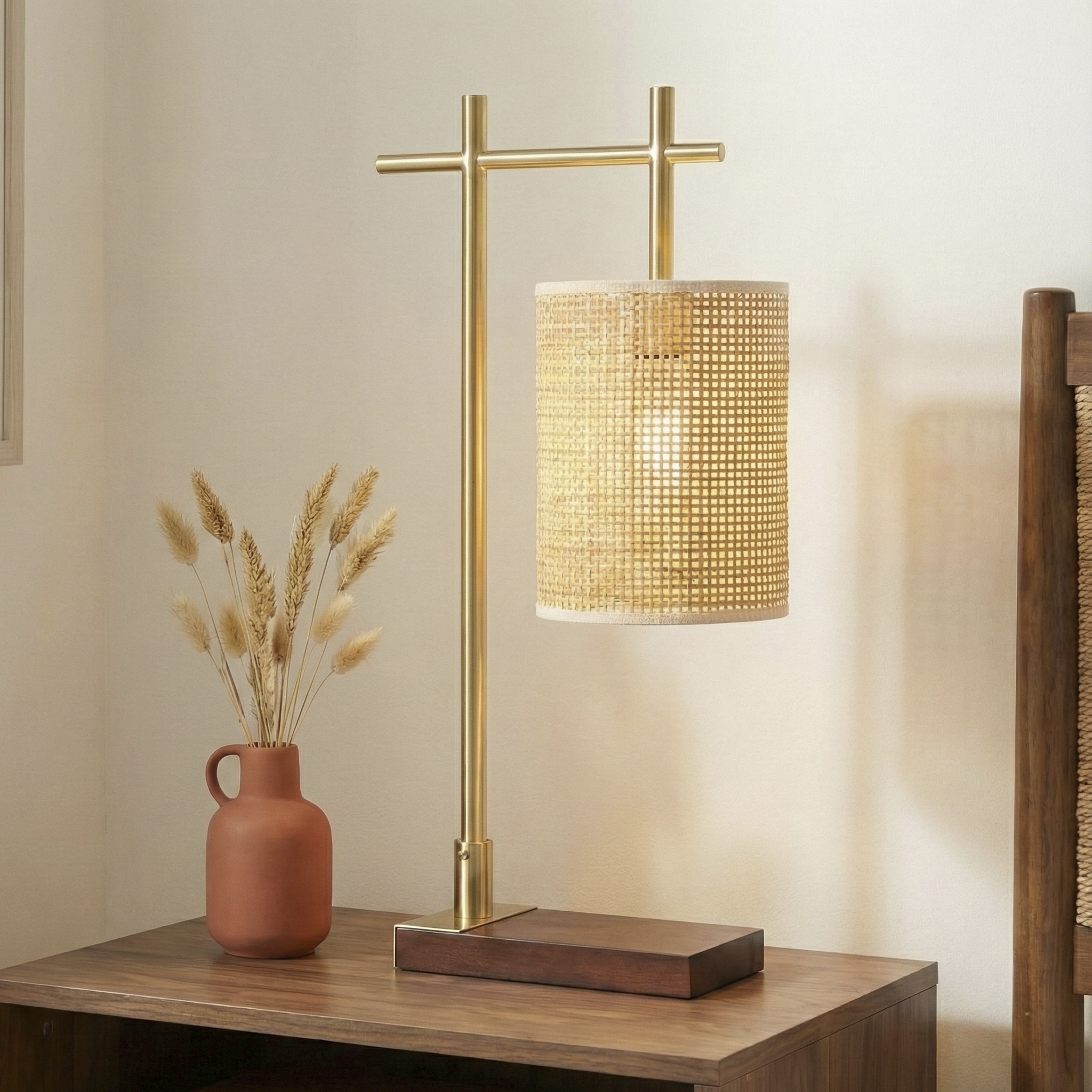 Helios Bamboo Lampshade Table Lamp - Dark Brown - Bronze | MidinMod