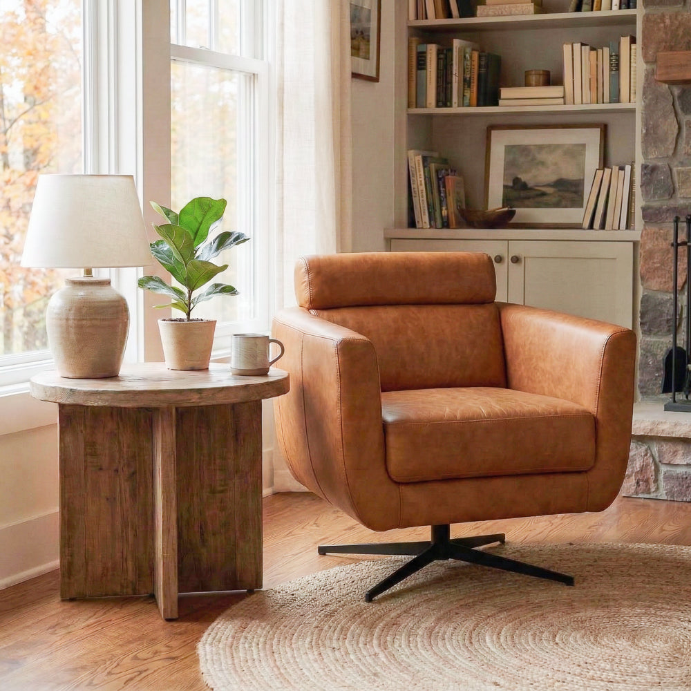 Herman Real Leather Swivel Chair with Adjustable Headrest and Vintage Style | MidinMod