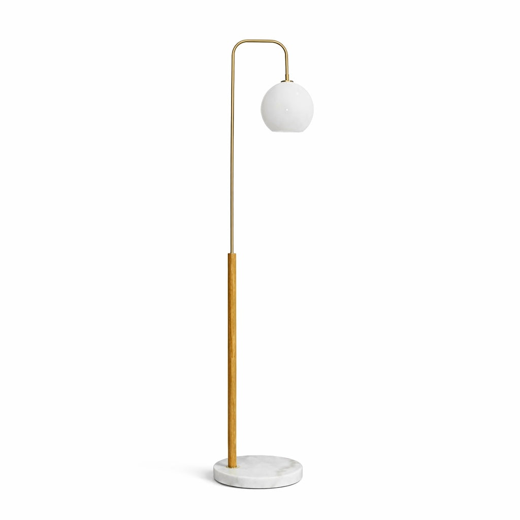 Icarus Arched Brass Floor Lamp with White Marble Base and Glass Globe | MidinMod