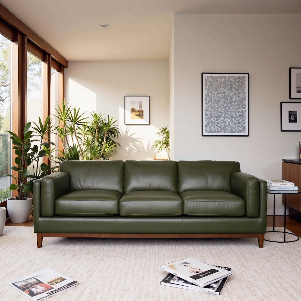 Kai Mid-Century Modern Top-Grain Green Leather Sofa - MidinMod