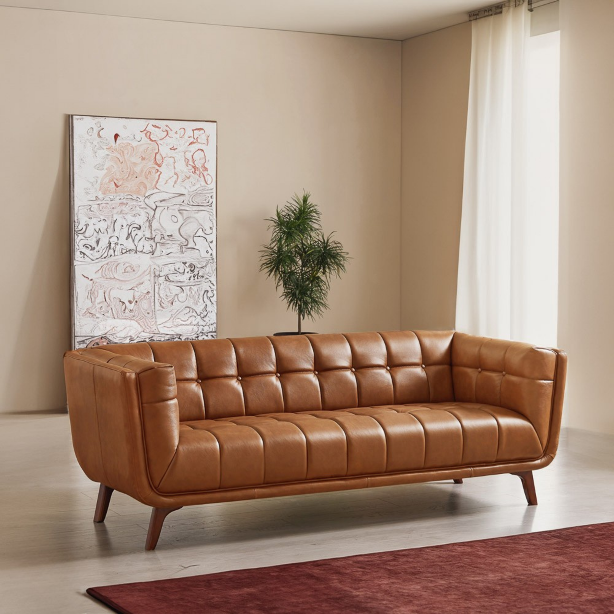 Kano Mid-Century Modern 86" Genuine Leather Sofa in Cognac | MidinMod
