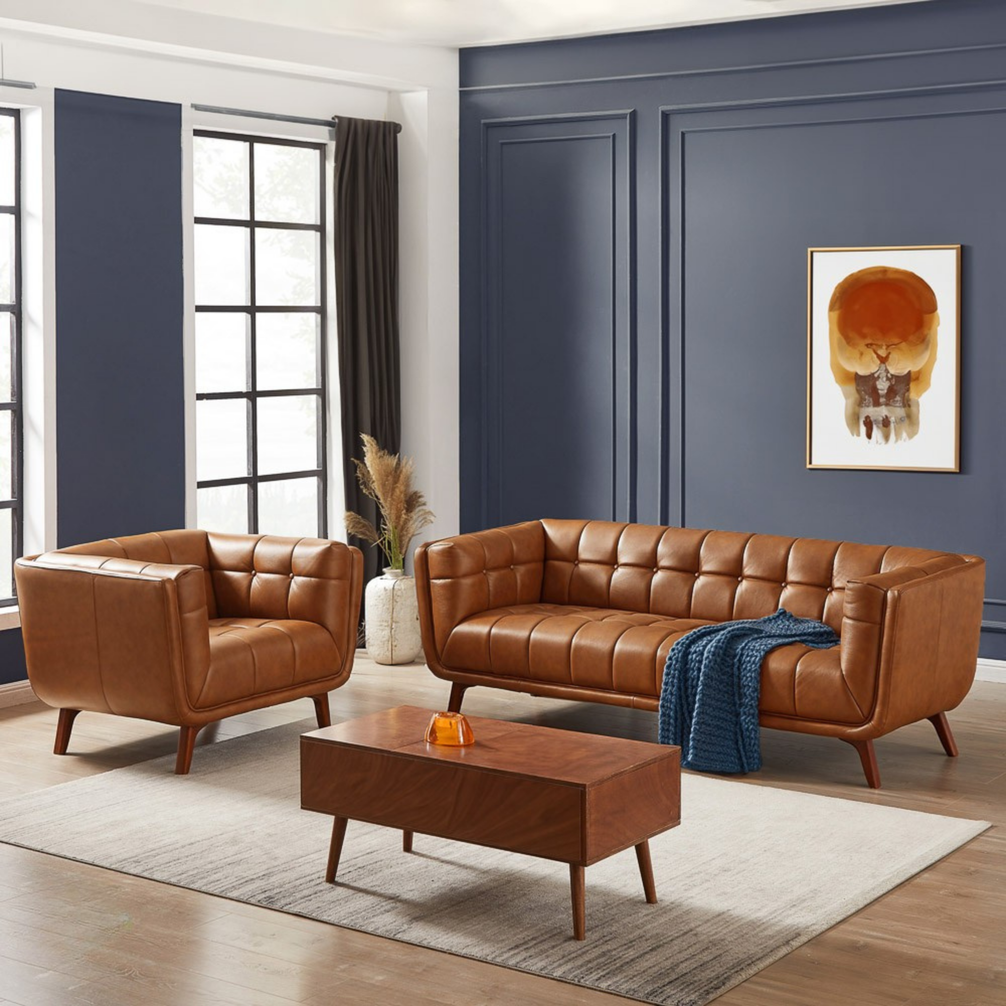 Kano Mid-Century Modern 86" Genuine Leather Sofa in Cognac | MidinMod