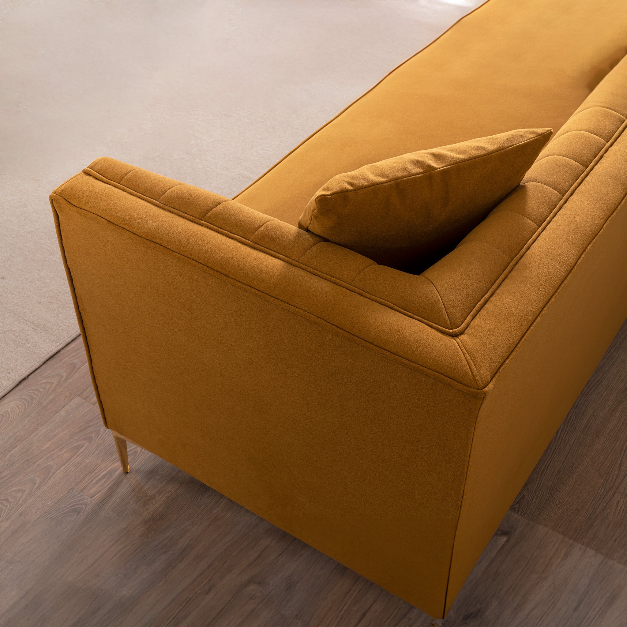 Kendra Velvet Sofa | Cognac Channel-Tufted & Gold Legs | MidinMod