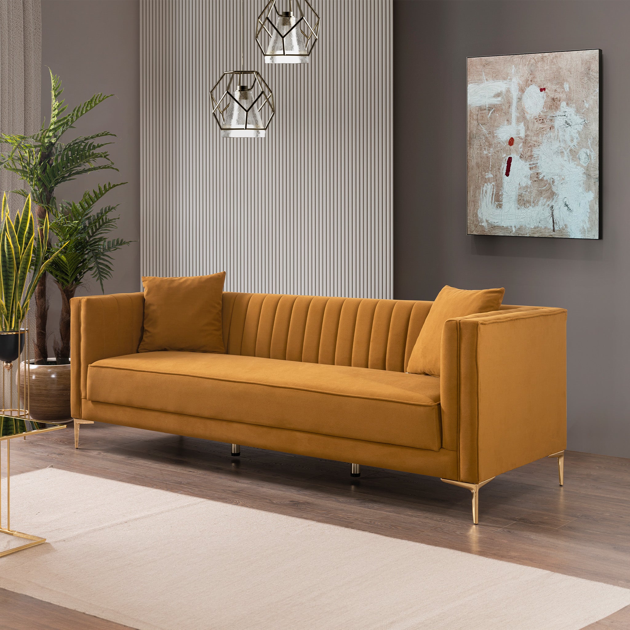Kendra Velvet Sofa | Cognac Channel-Tufted & Gold Legs | MidinMod