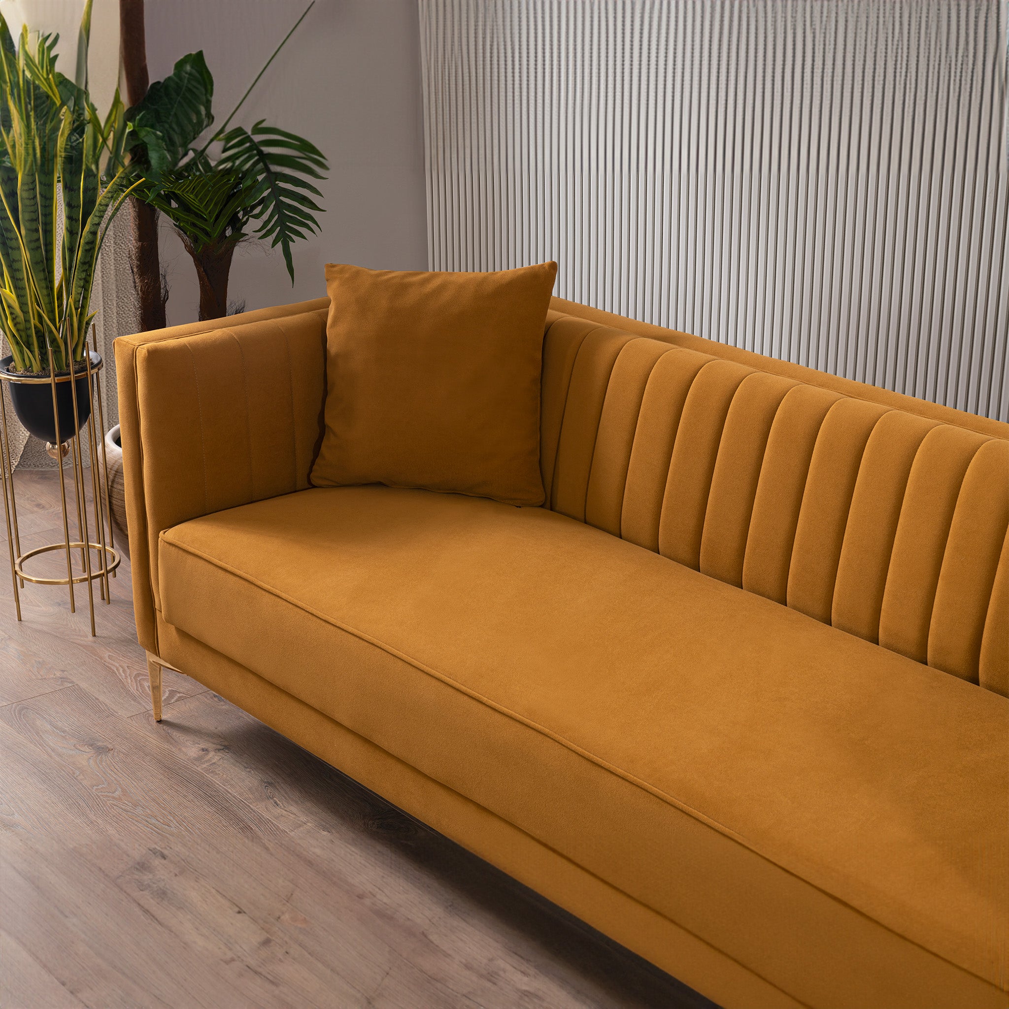 Kendra Velvet Sofa | Cognac Channel-Tufted & Gold Legs | MidinMod