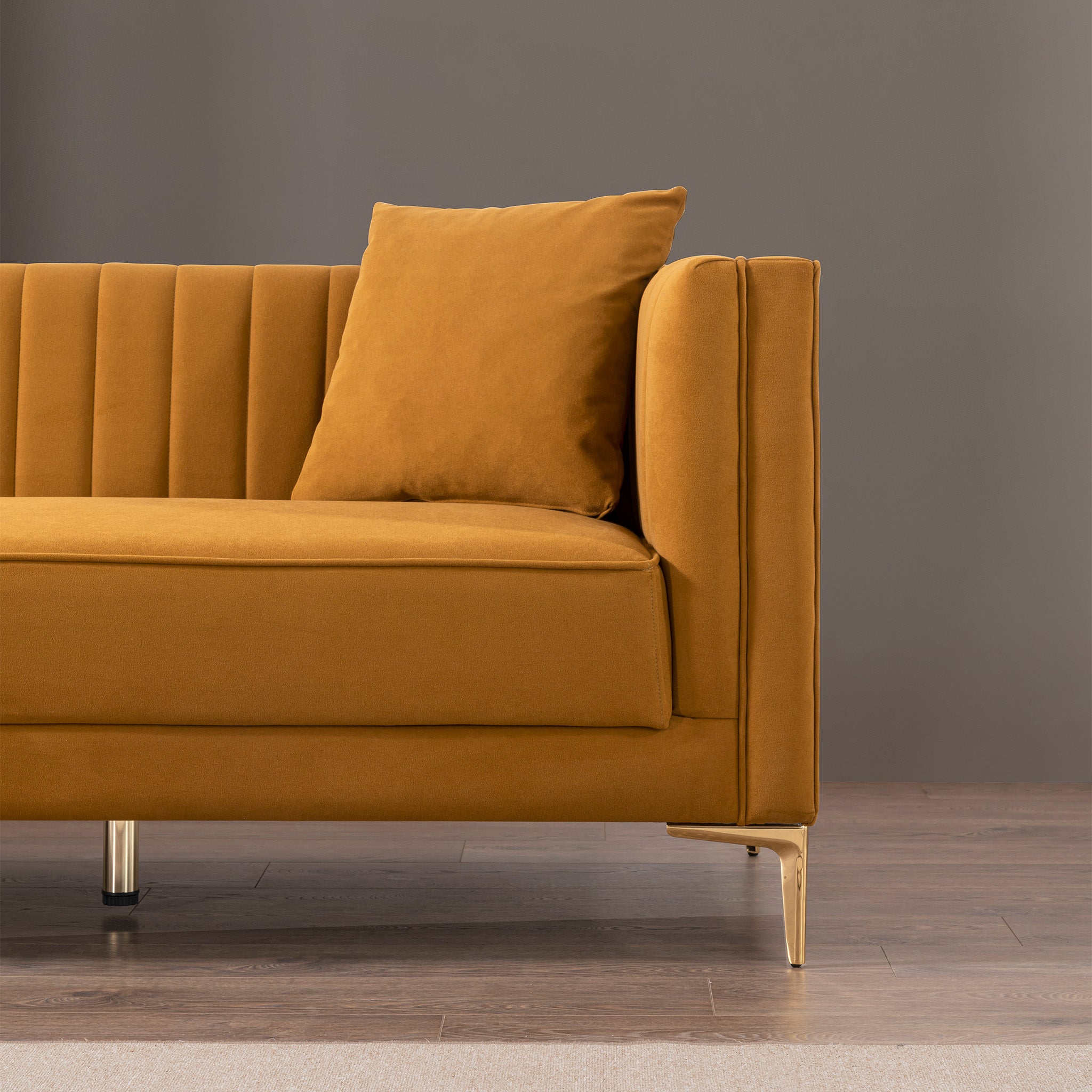 Kendra Velvet Sofa | Cognac Channel-Tufted & Gold Legs | MidinMod