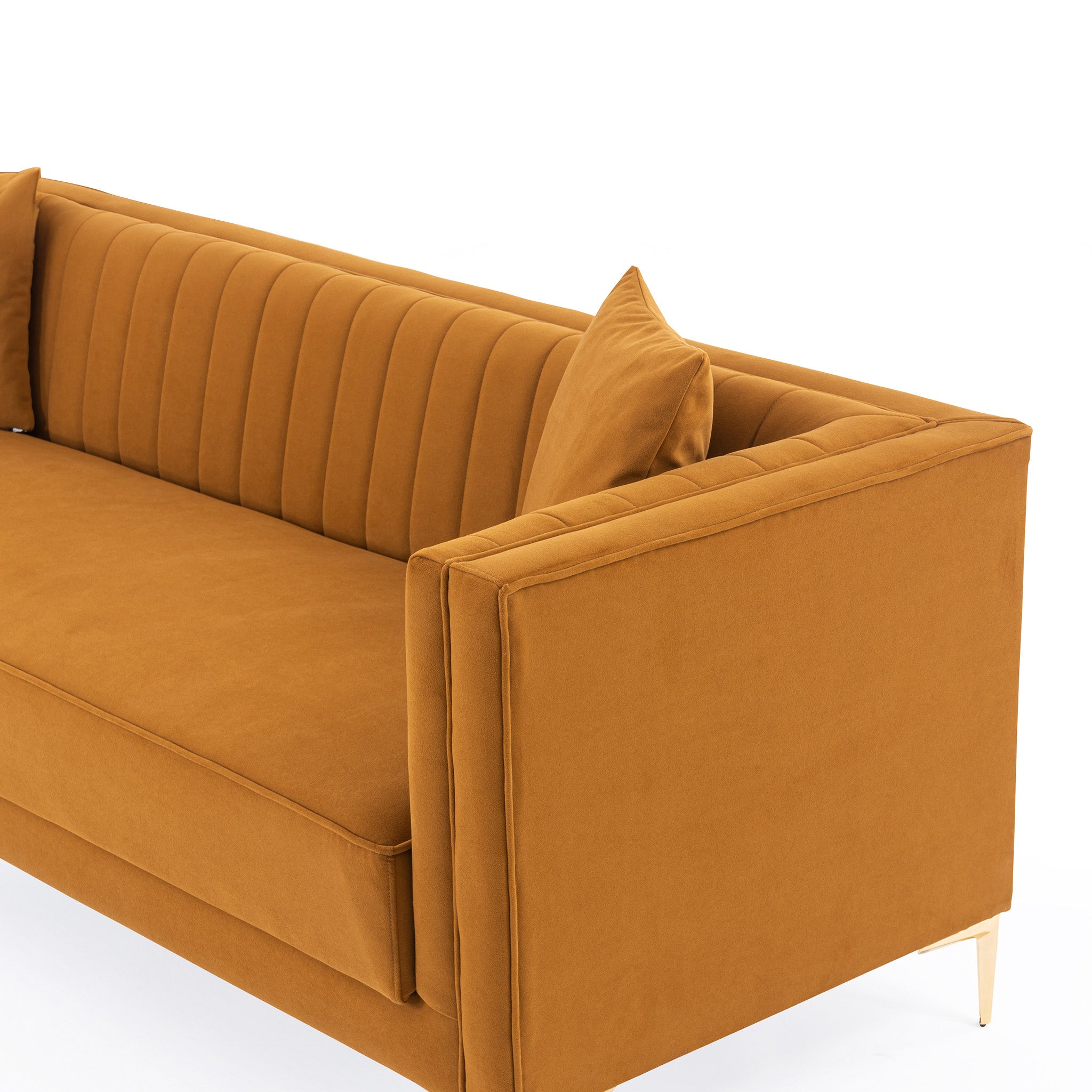 Kendra Velvet Sofa | Cognac Channel-Tufted & Gold Legs | MidinMod