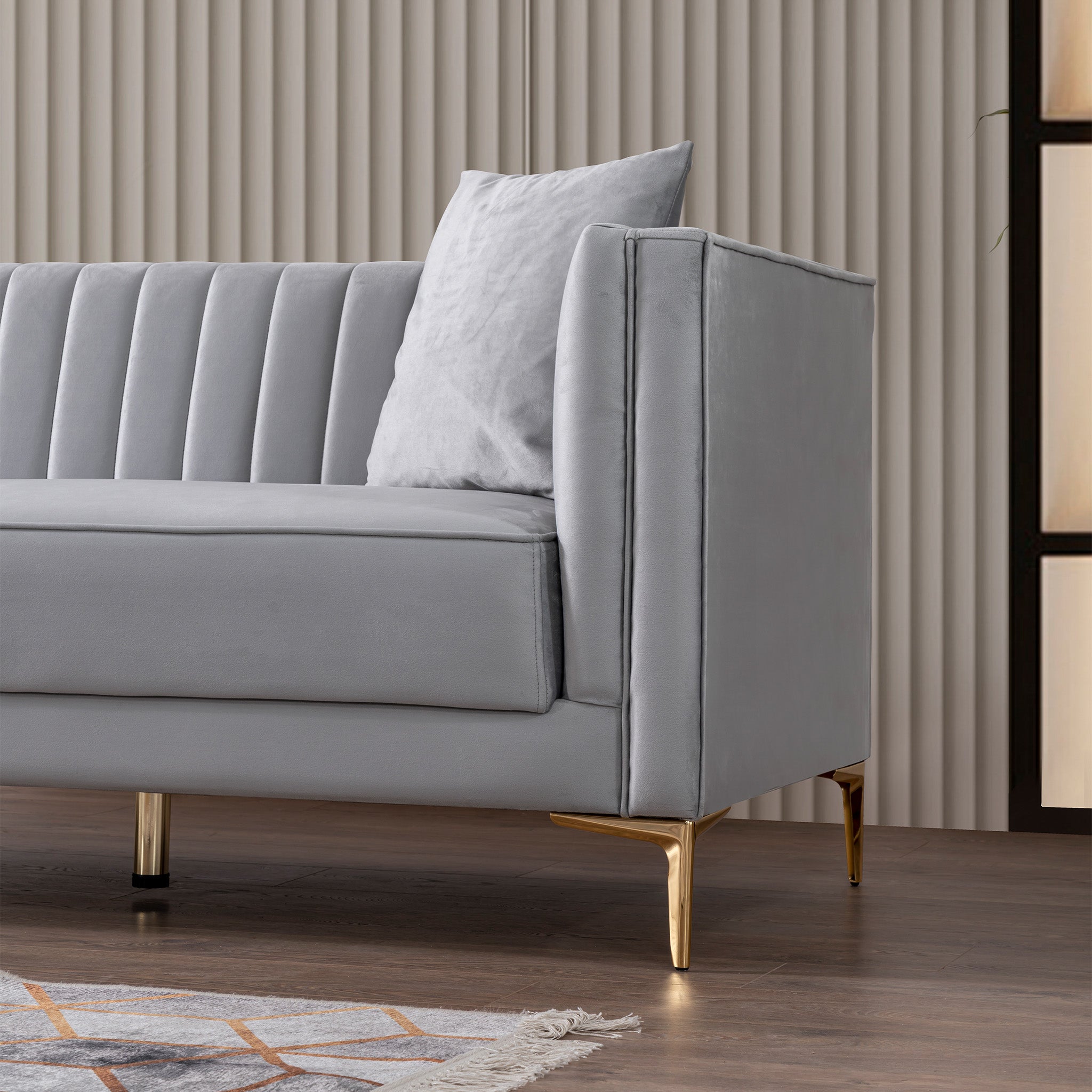 Kendra Velvet Sofa | Light Grey Channel-Tufted & Gold Legs | MidinMod