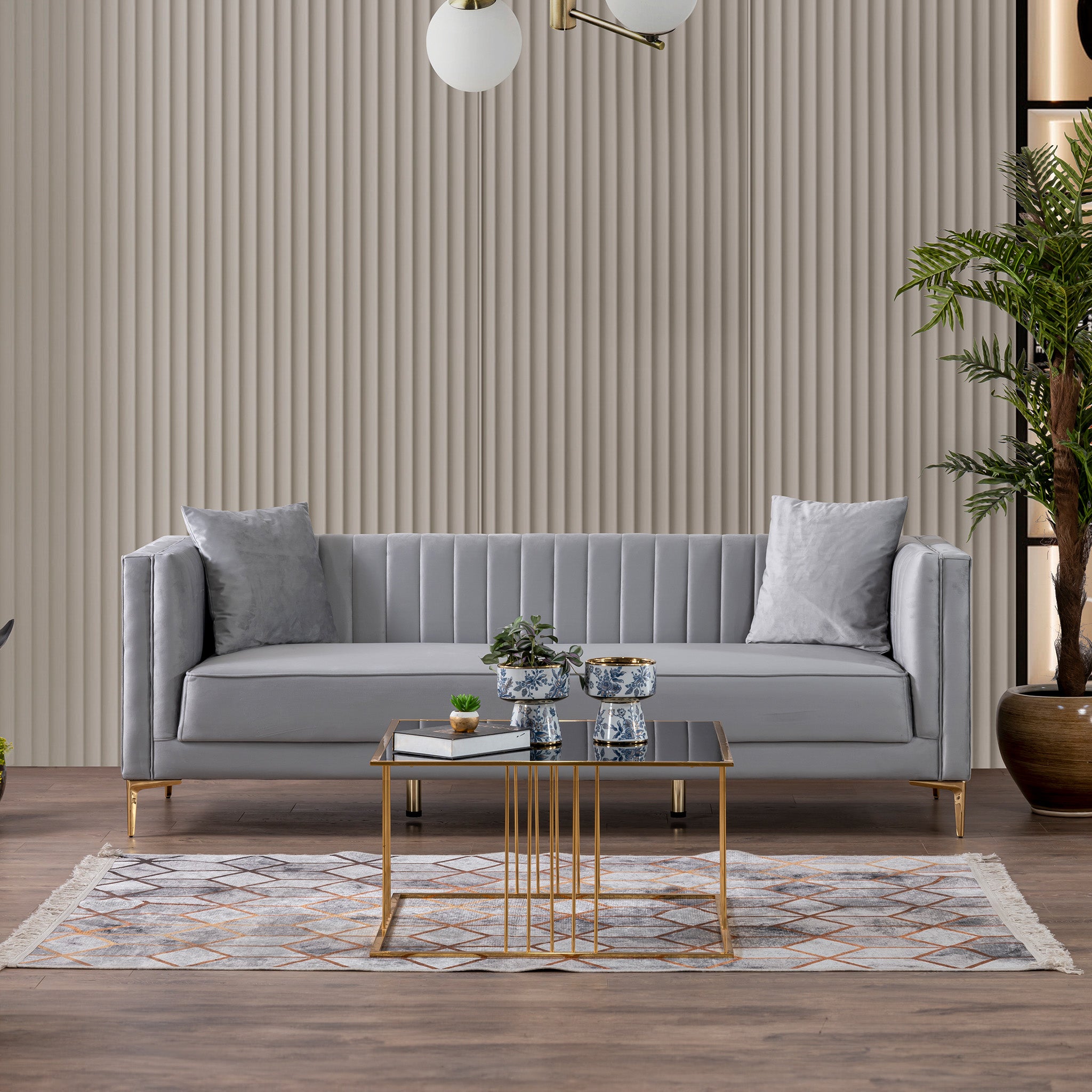Kendra Velvet Sofa | Light Grey Channel-Tufted & Gold Legs | MidinMod