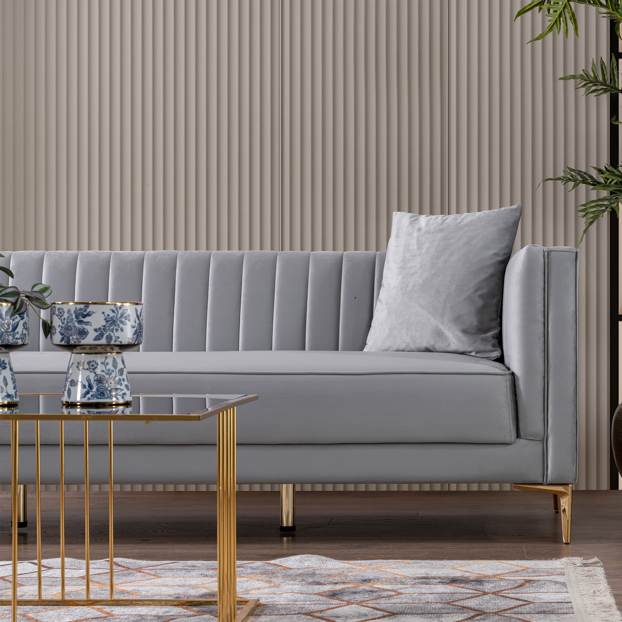 Kendra Velvet Sofa | Light Grey Channel-Tufted & Gold Legs | MidinMod