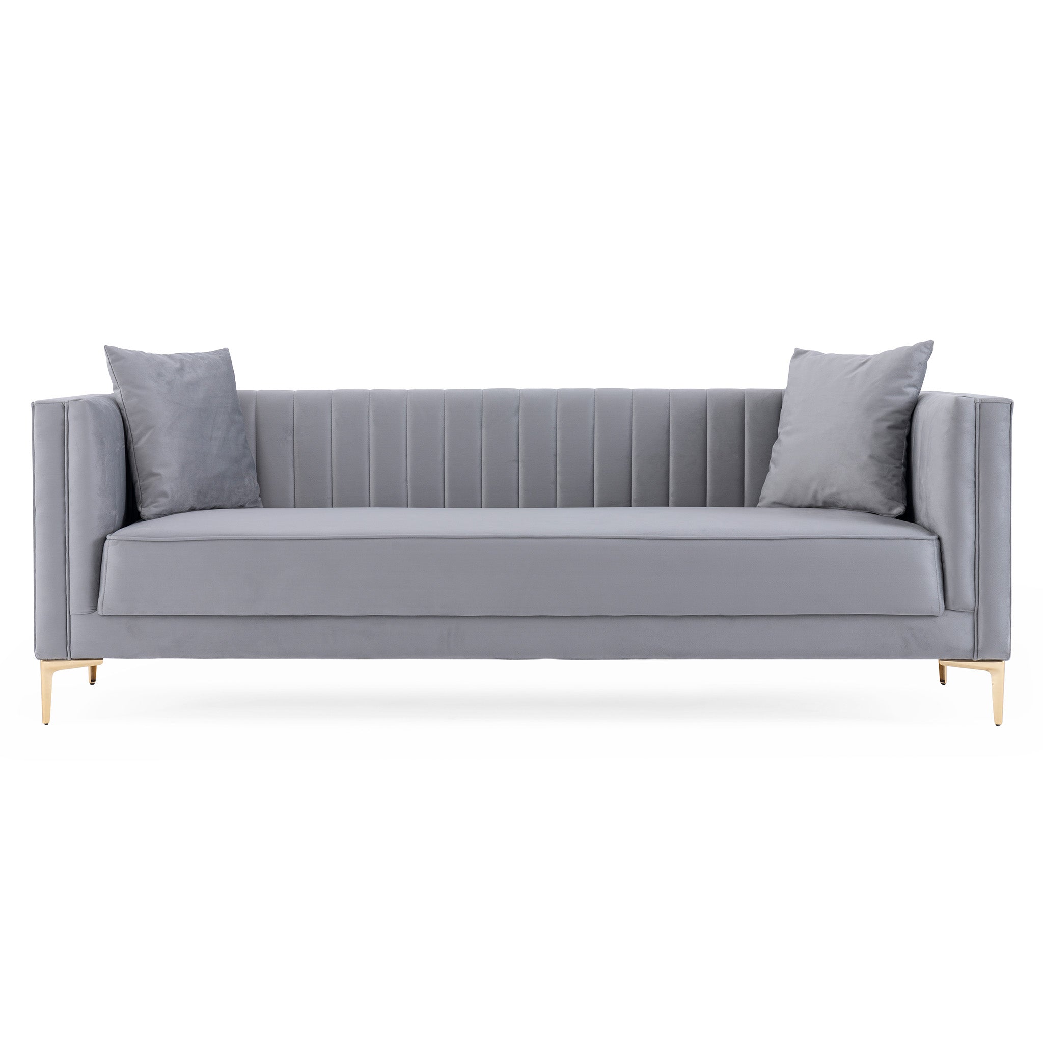 Kendra Velvet Sofa | Light Grey Channel-Tufted & Gold Legs | MidinMod
