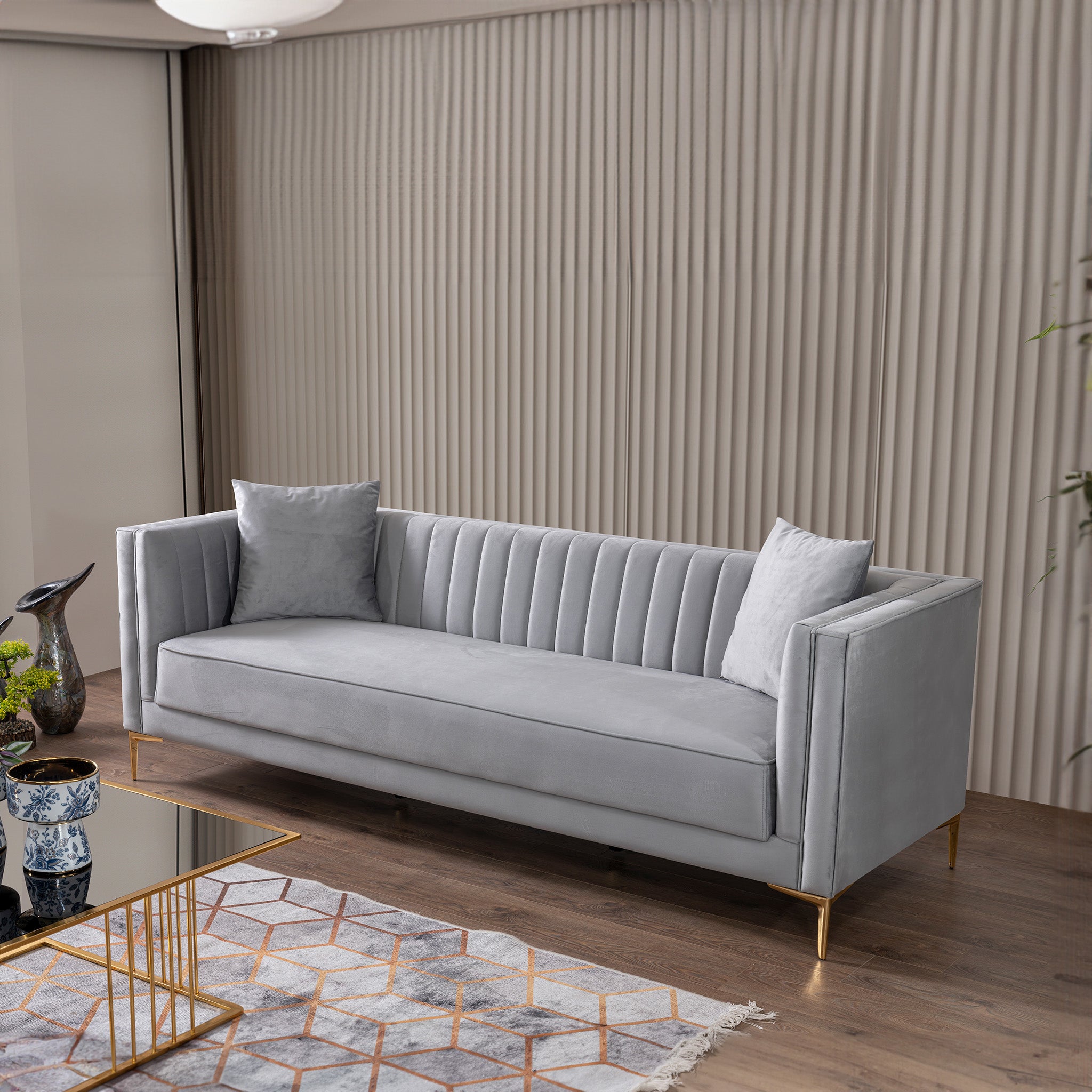 Kendra Velvet Sofa | Light Grey Channel-Tufted & Gold Legs | MidinMod